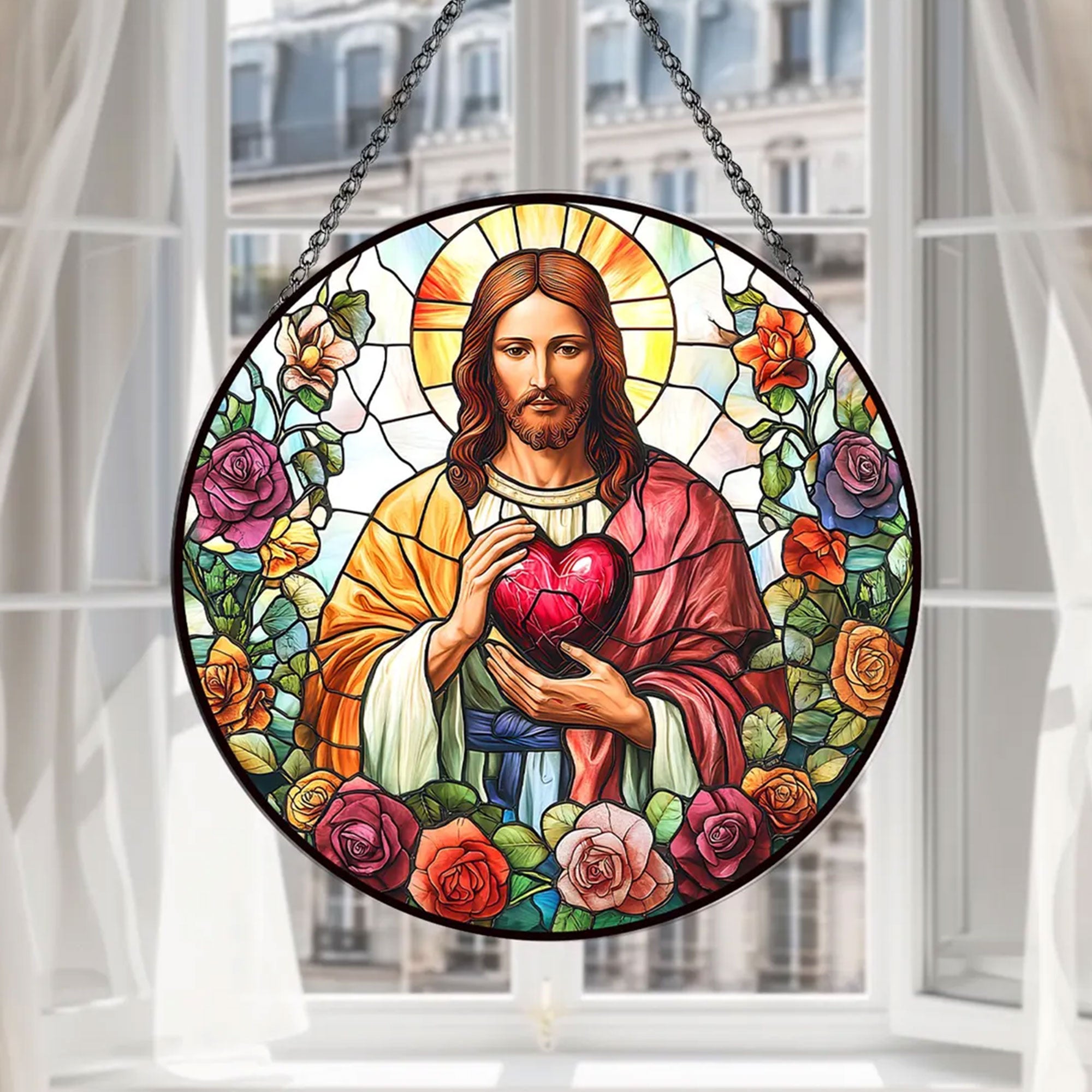 Sacred Heart of Jesus Stained Glass Suncatcher, Christian Window Hanging Decor, Catholic Religious Faith Gift