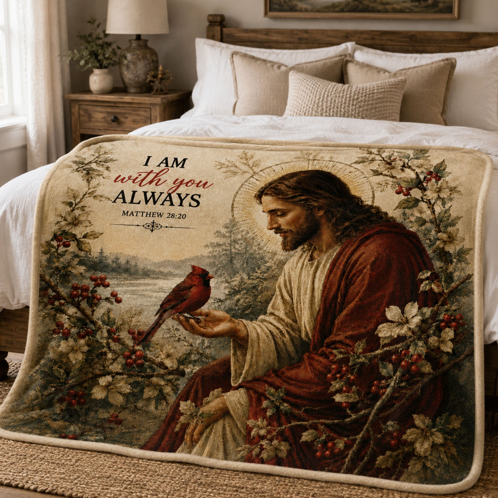 Jesus I Am With You Always Fleece Blanket, Matthew 28:20 Christian Throw, Cardinal Faith Gift