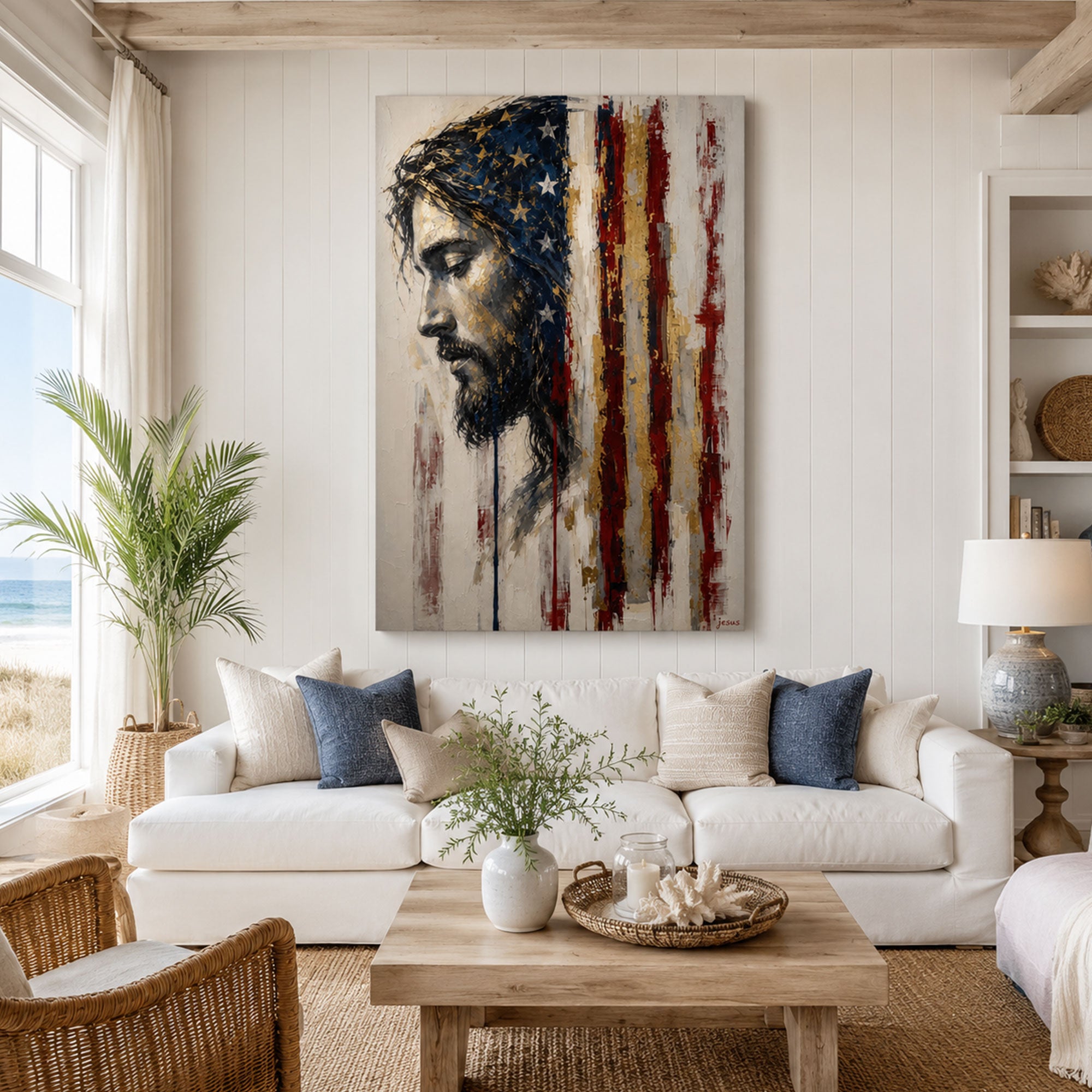 Patriotic Jesus American Flag Canvas Print, Christian USA Wall Art, Modern Faith Home Decor