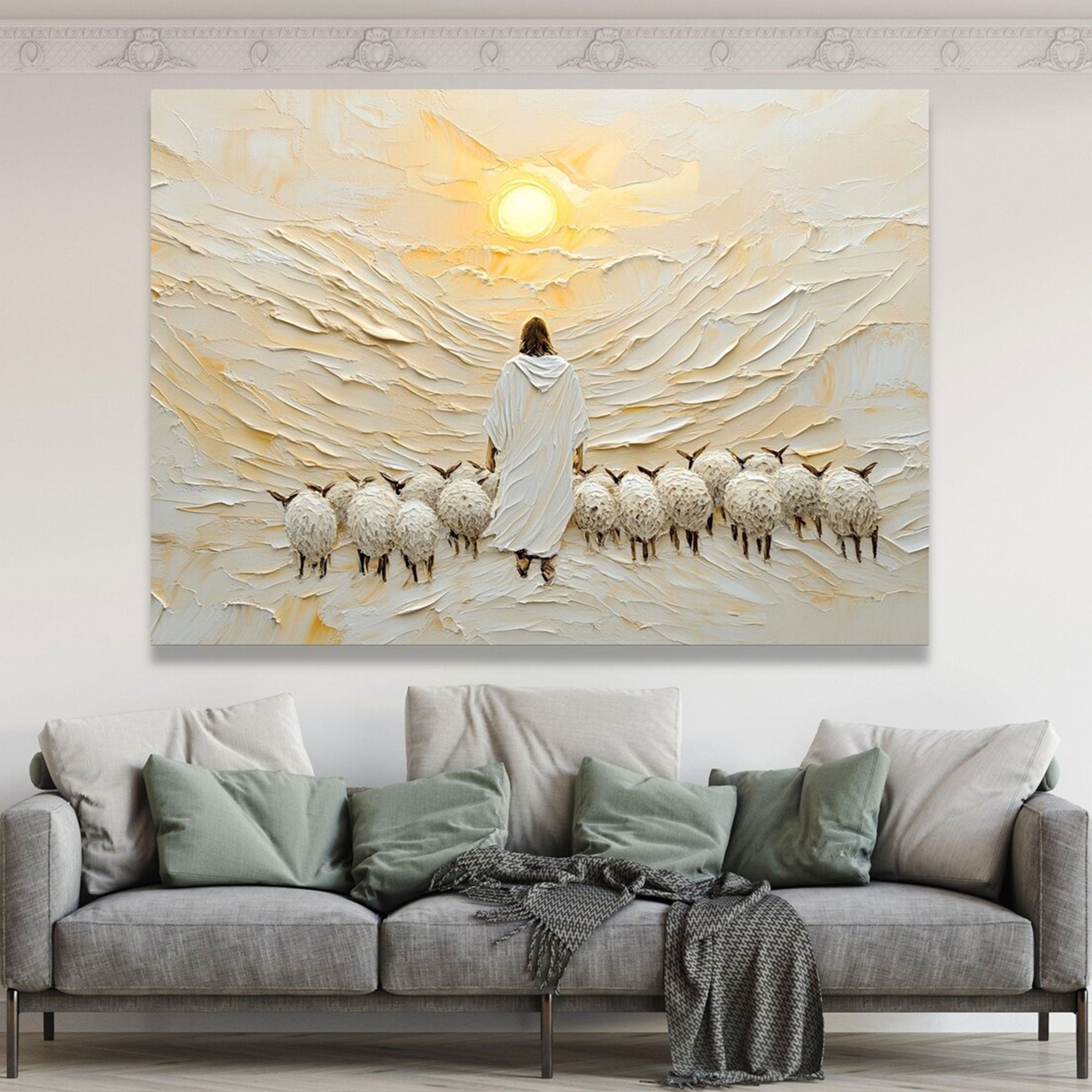 Spiritual Shepherd with Sheep Canvas Print, Jesus Wall Art, Good Shepherd Christian Decor, Religious Home Decor, Inspirational Faith Gift