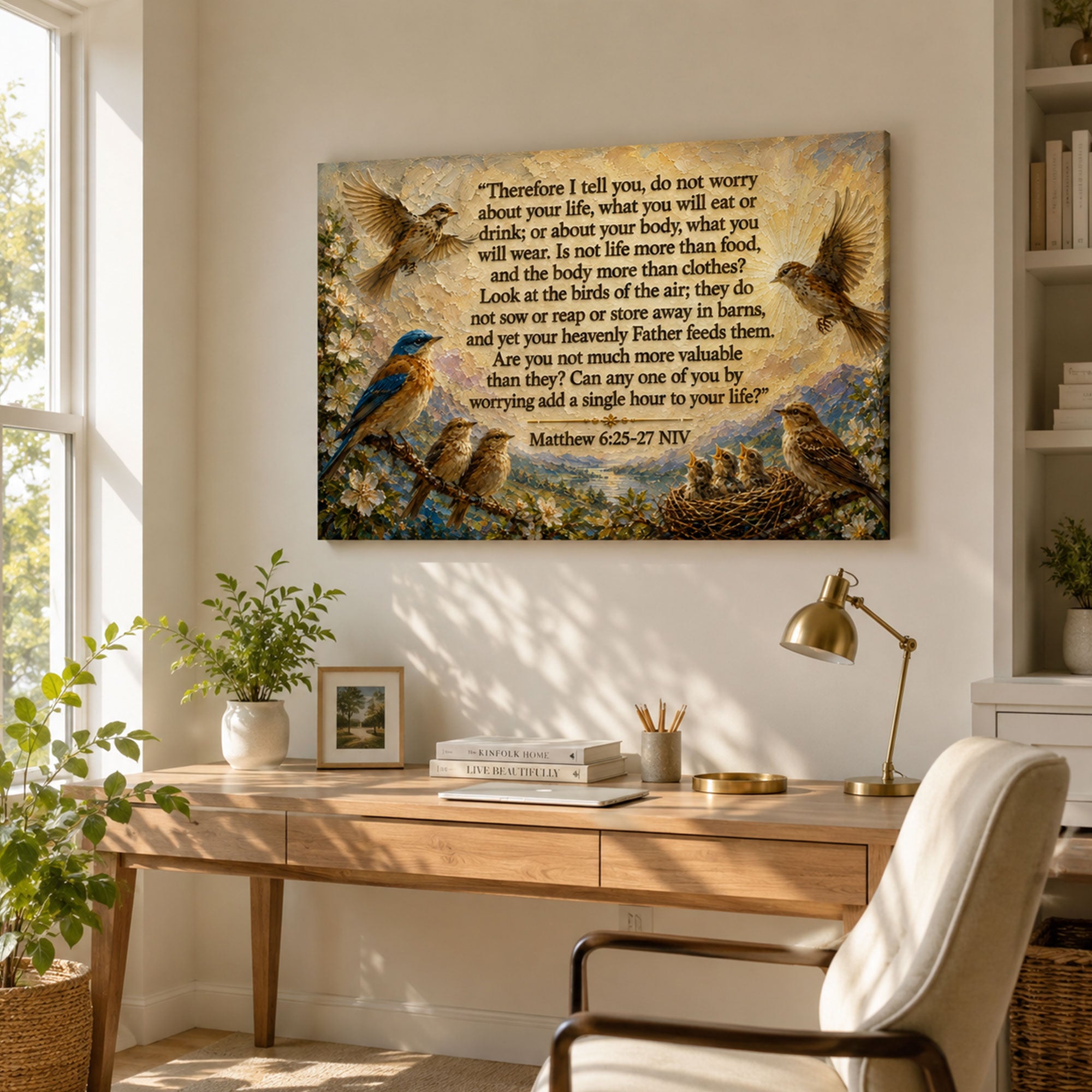 Do Not Worry Matthew 6:25-27 Canvas Print, Birds of the Air Christian Wall Decor, Bible Verse Faith Gift