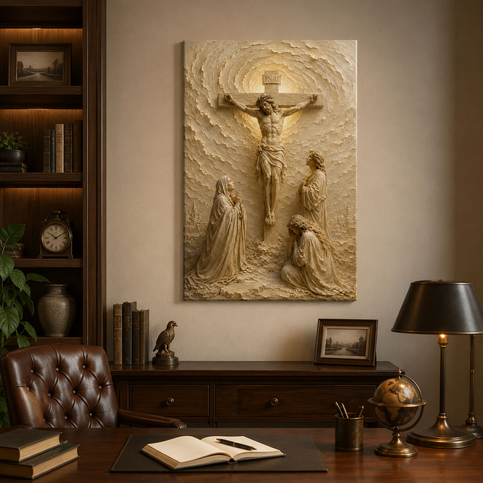 Crucifixion of Jesus Canvas Print, White Gold Catholic Wall Art, Passion of Christ Home Decor Gift