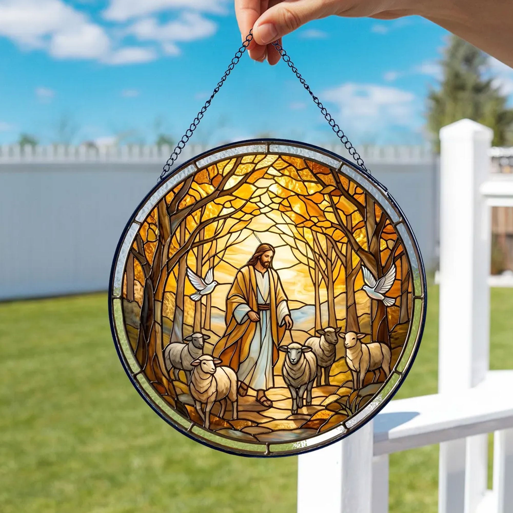 Jesus Good Shepherd Stained Glass Suncatcher, Christian Window Hanging Decor, Religious Faith Gift, Christ Wall Art