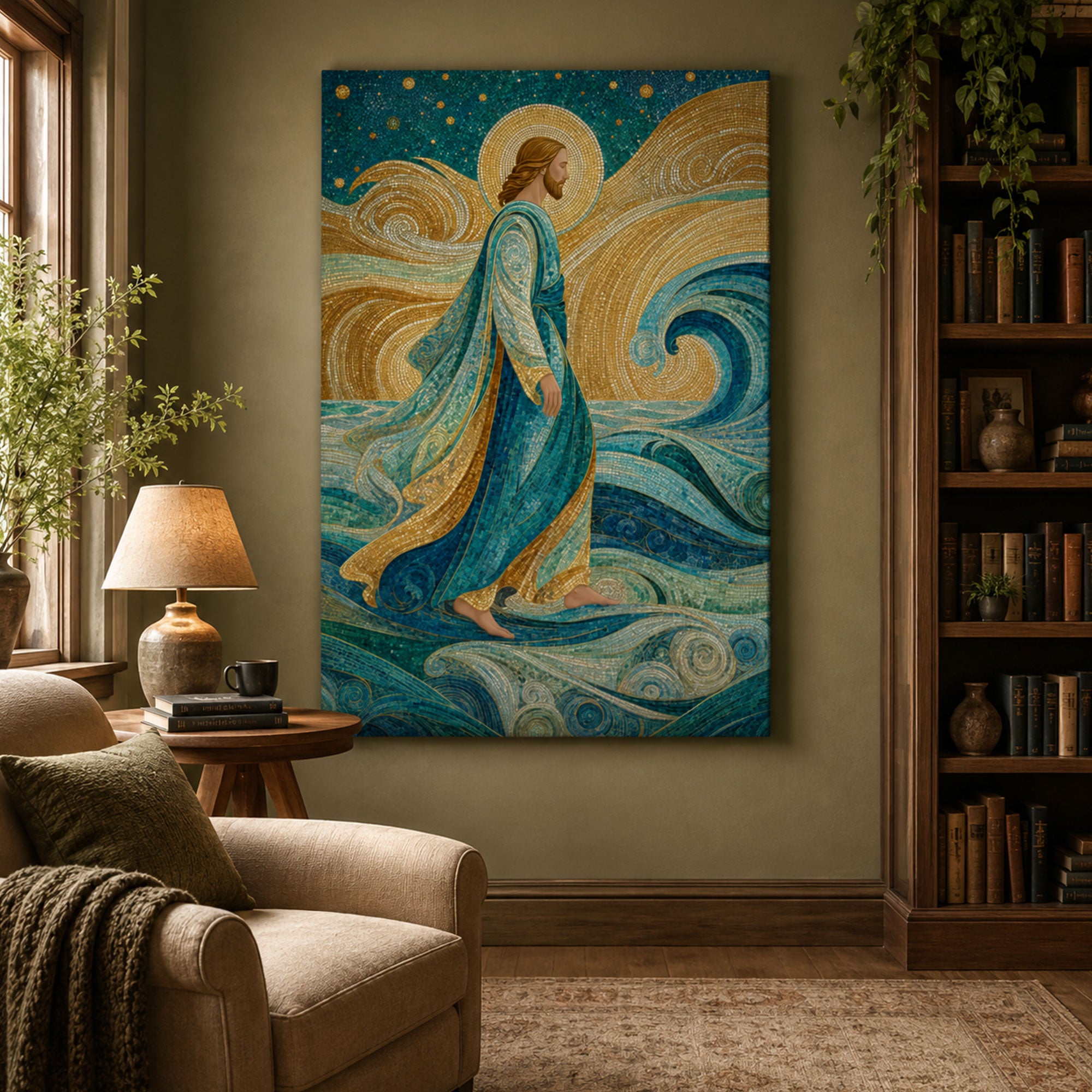 Jesus Walking on Water Mosaic Canvas Print, Gustav Klimt Inspired Christian Wall Art, Golden Spiritual Home Decor