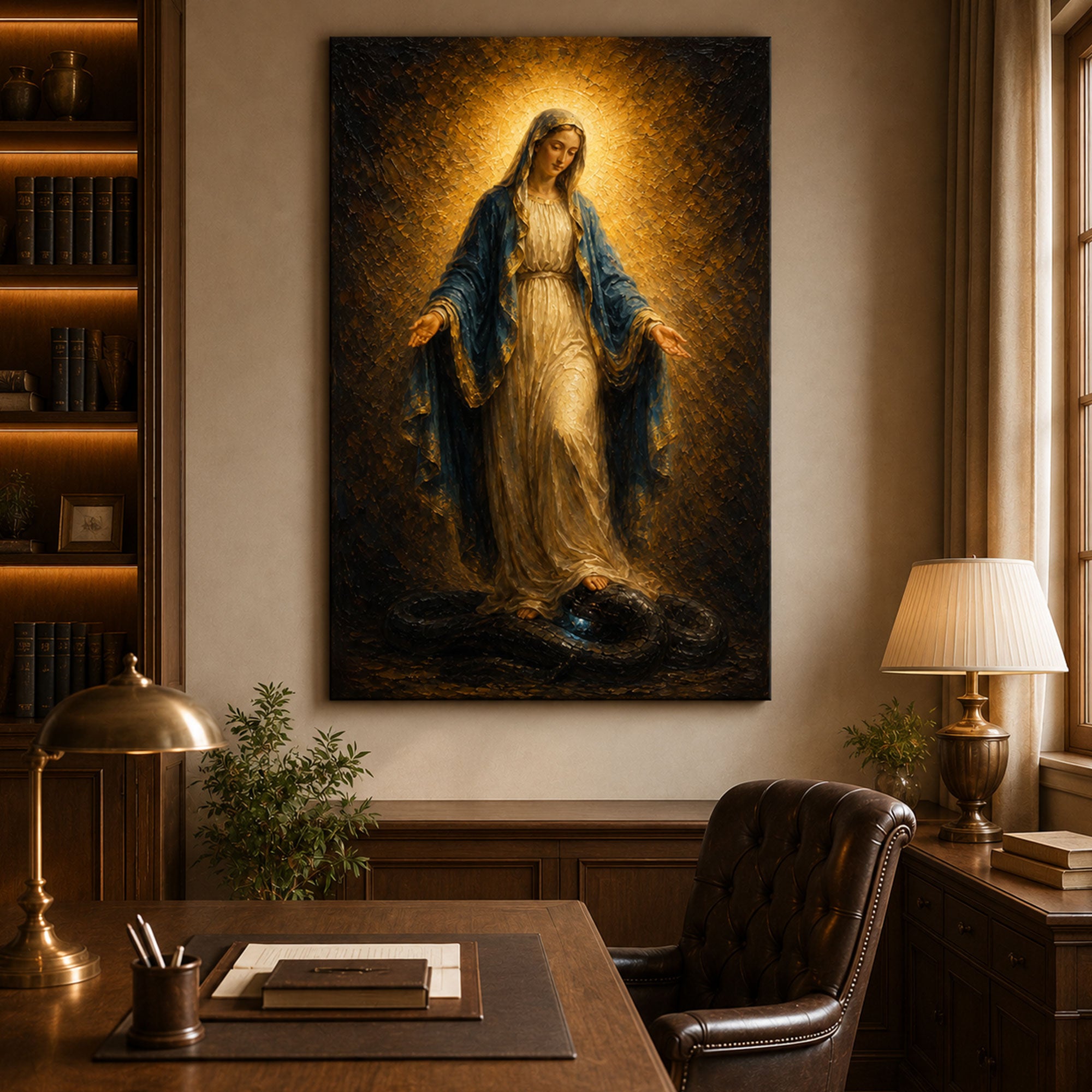 Virgin Mary Crushing Serpent Canvas Print, Catholic Wall Art, Grace Faith Home Decor