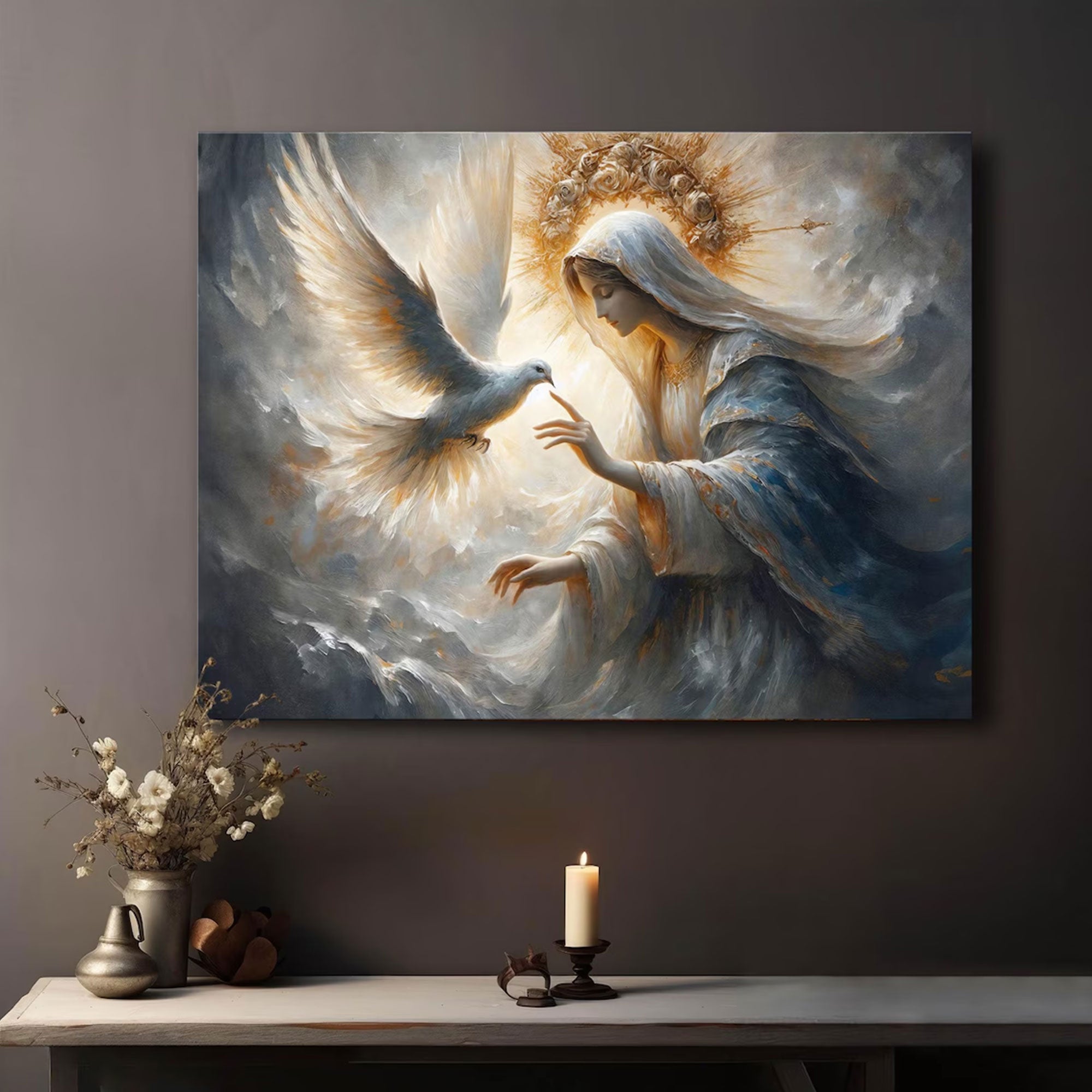Spouse of the Holy Spirit Canvas Print, Blessed Virgin Mary and Dove Wall Art, Catholic Mystical Artwork, Abstract Religious Decor, Inspirational Faith Gift