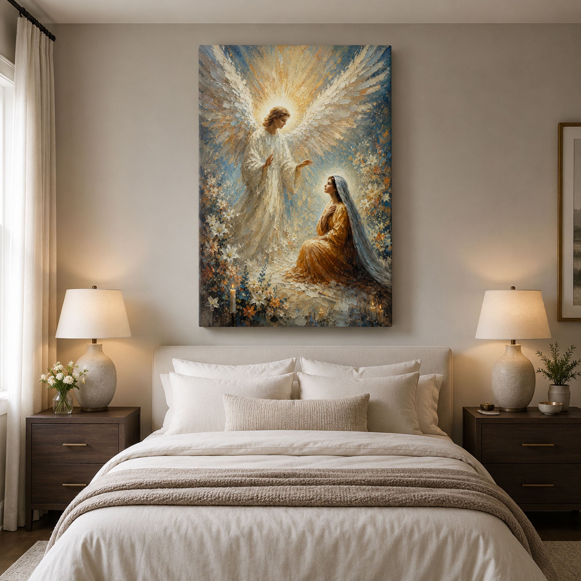 The Annunciation Canvas Print, Angel Gabriel and Virgin Mary Catholic Wall Art, Faith Home Decor Gift