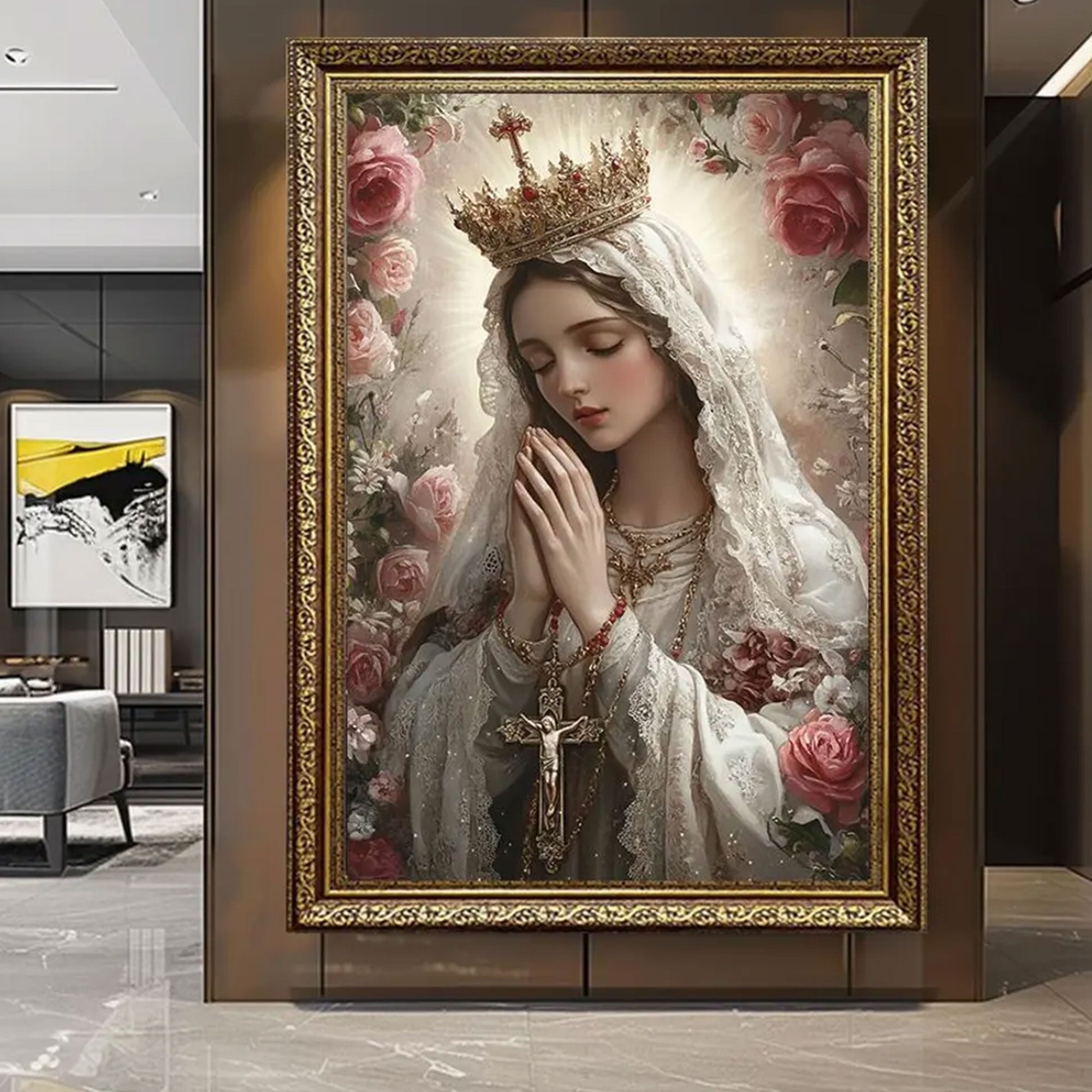 Holy Virgin Mary Canvas Wall Art, Elegant Madonna Floral Painting, Catholic Religious Home Decor
