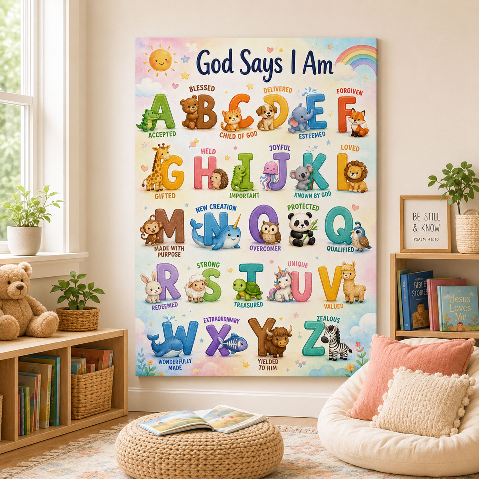 God Says I Am ABC Christian Kids Wall Art Nursery Bible Affirmation Canvas Print