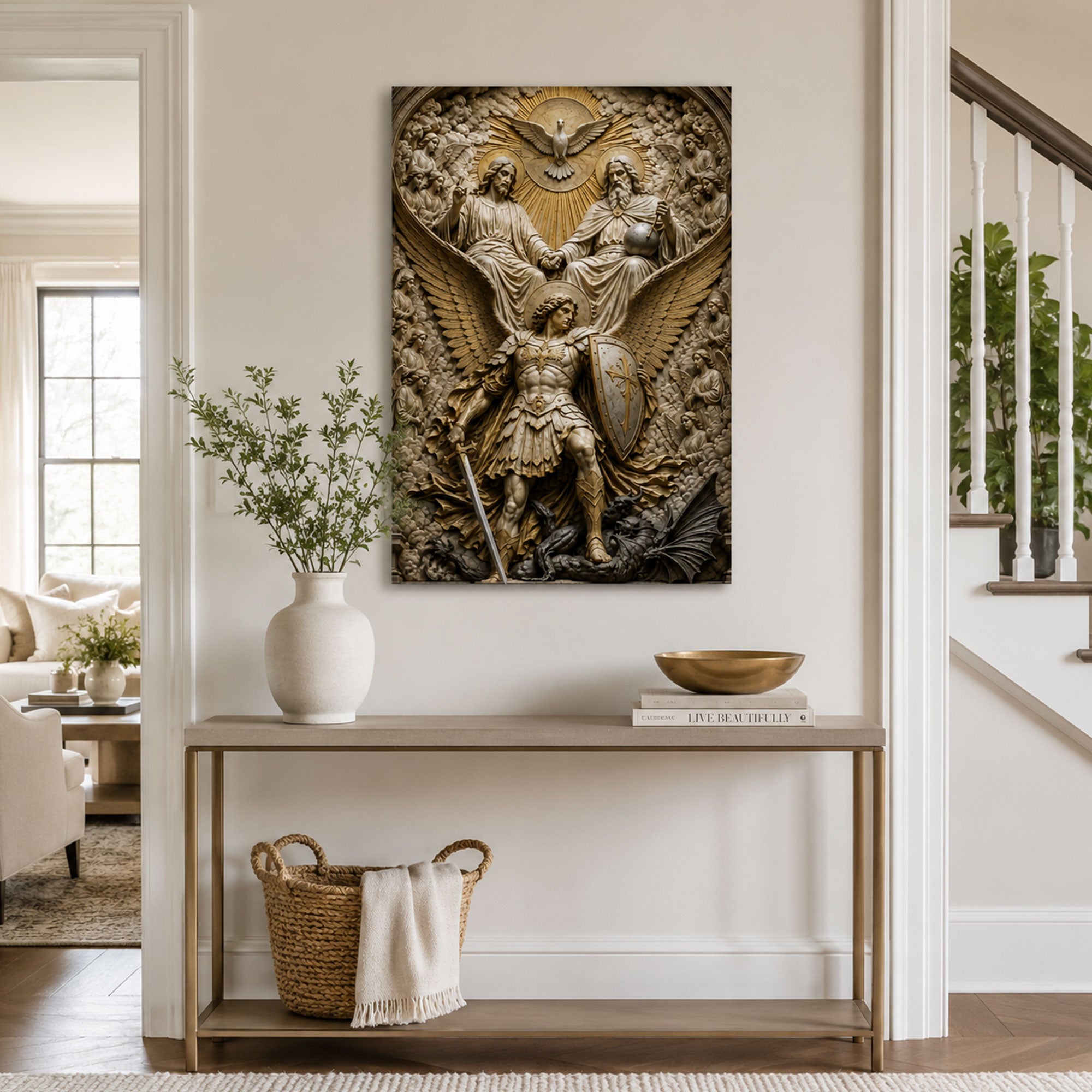 Saint Michael and Holy Trinity Canvas Print, Catholic Protection Wall Decor, Christian Faith Gift