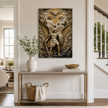 Saint Michael and Holy Trinity Canvas Print, Catholic Protection Wall Decor, Christian Faith Gift