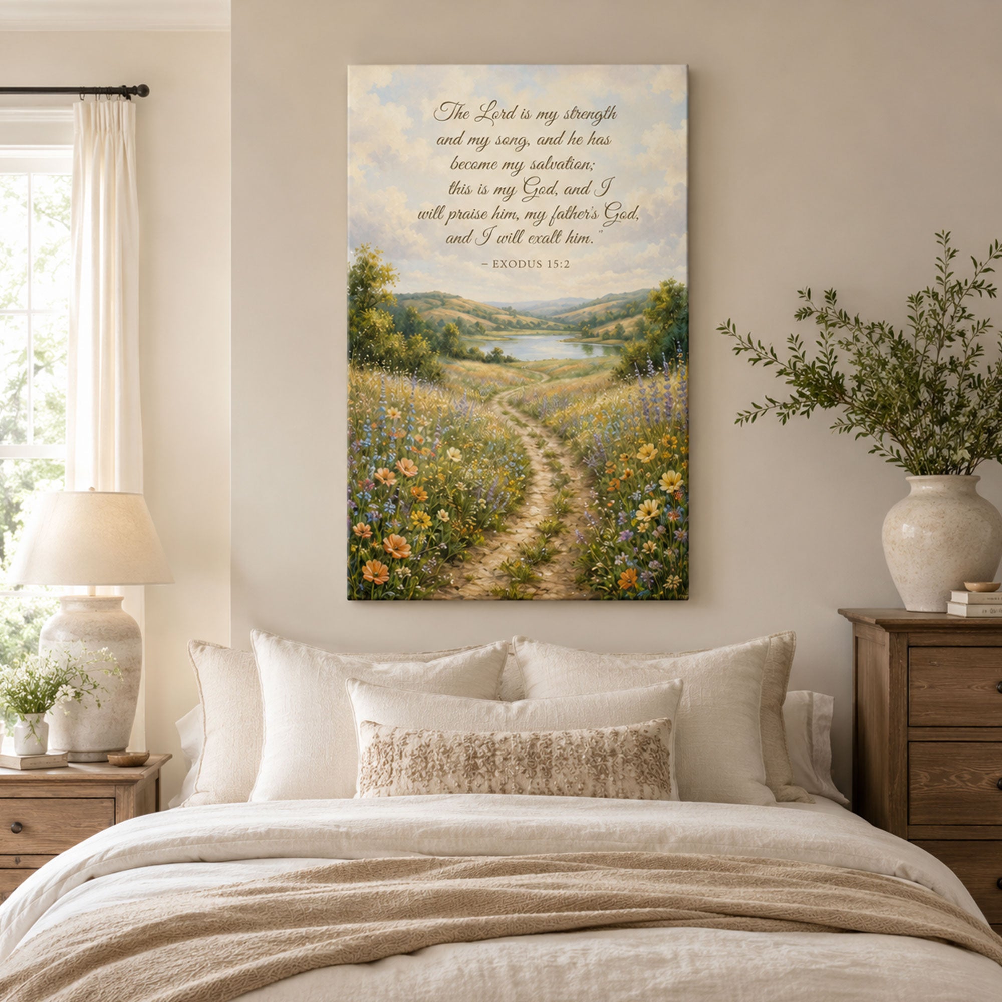 Exodus 15:2 The Lord Is My Strength Canvas Print, Christian Country Path Meadow Wall Art, Extra Wide Bible Verse Decor
