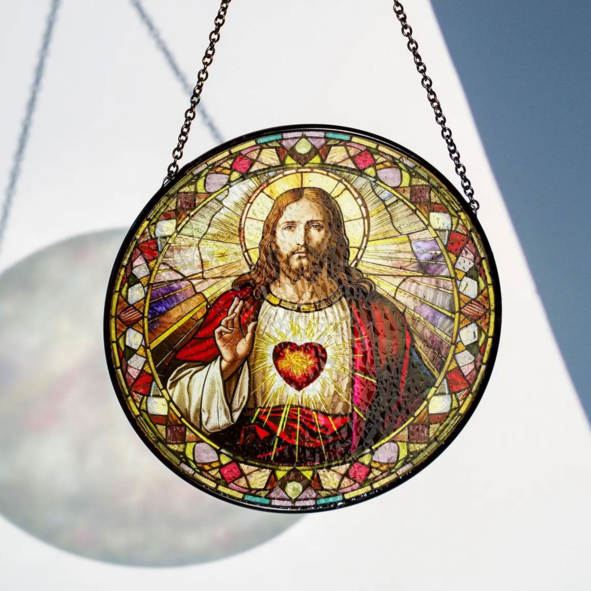Sacred Heart of Jesus Stained Glass Suncatcher, Catholic Window Hanging Decor, Christian Religious Faith Gift