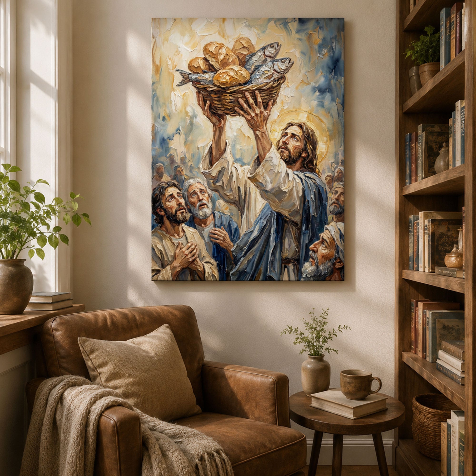 Jesus Feeding the 5000 Canvas Print, Loaves and Fish Miracle Christian Wall Art, Bible Story Home Decor