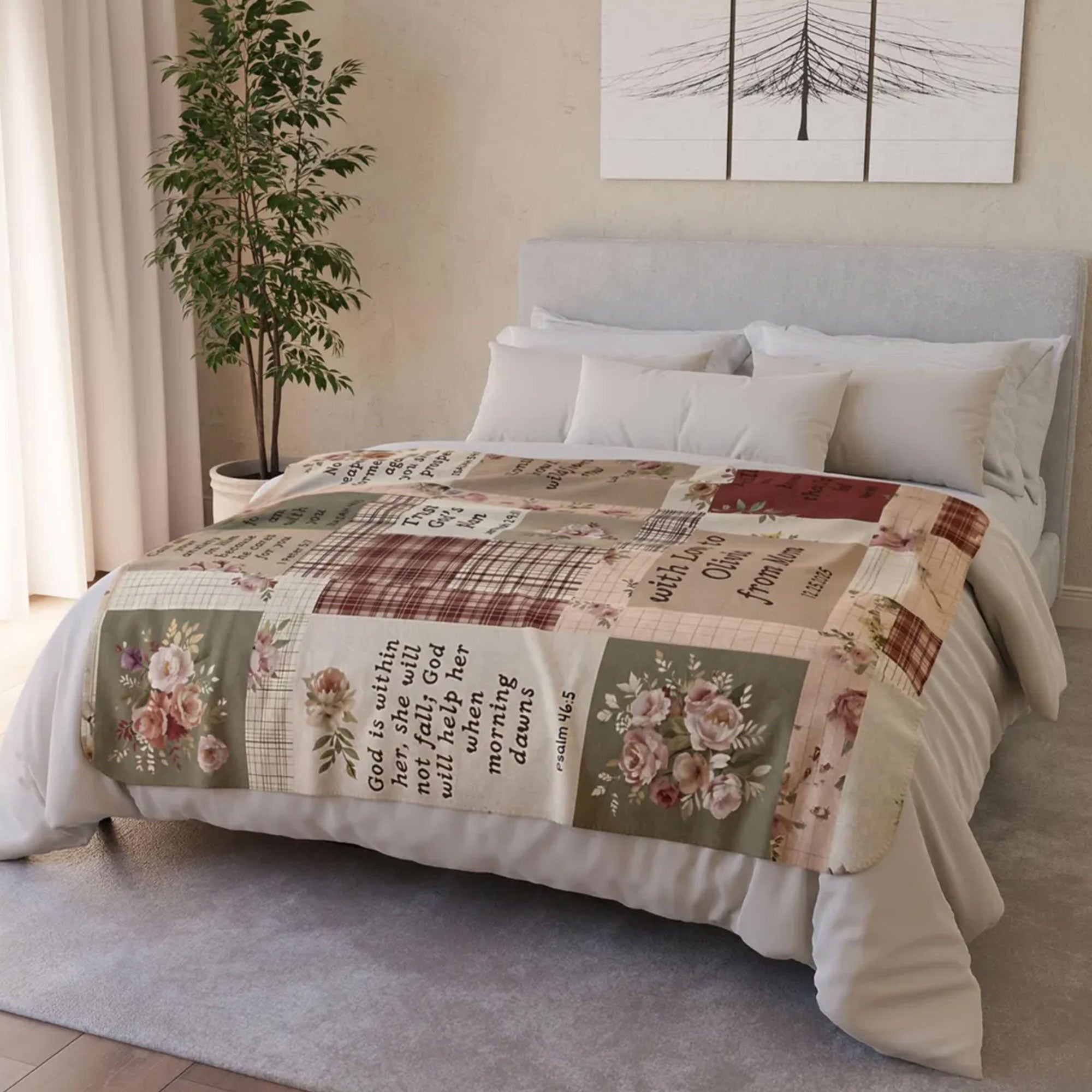 Christian Scripture Fleece Blanket, Floral Patchwork Throw, Personalized Bible Verse Gift, Faith Blanket for Daughter or Mom
