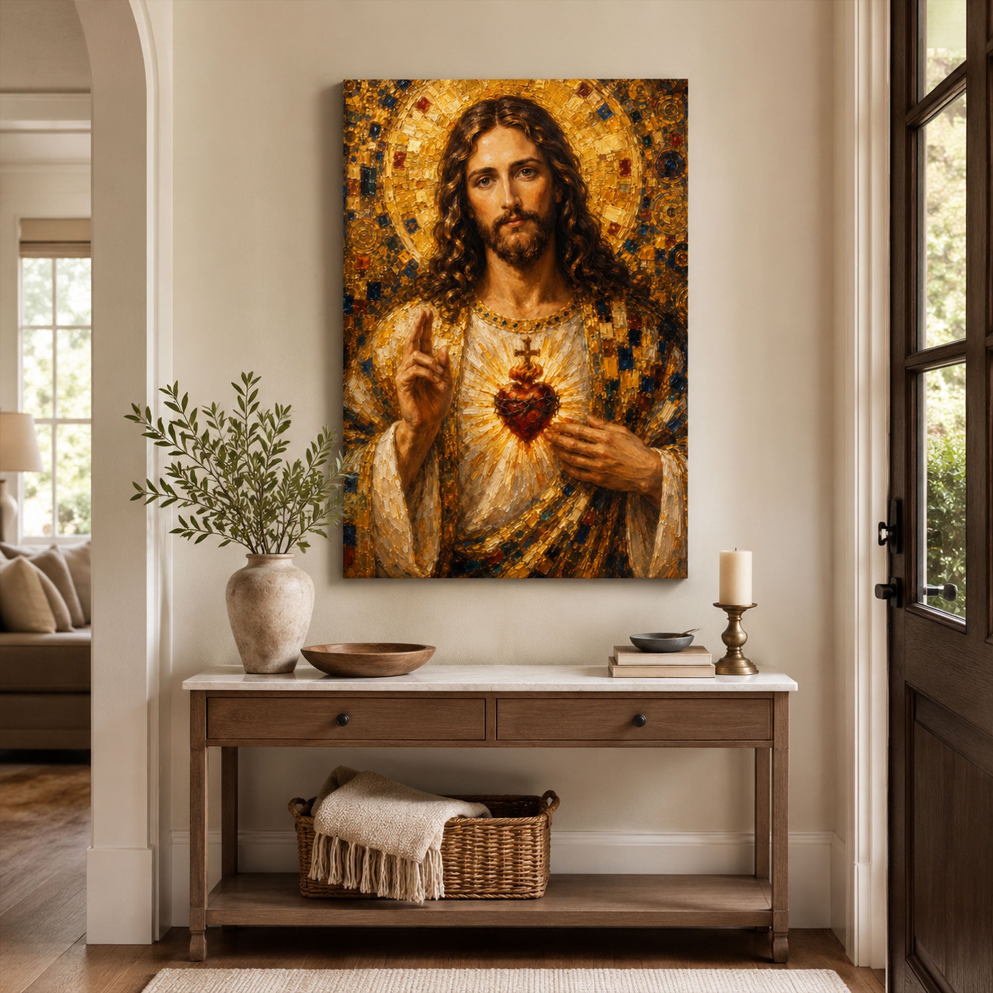 Sacred Heart of Jesus Canvas Print, Gold Mosaic Style Catholic Wall Art, Christian Faith Home Decor Gift