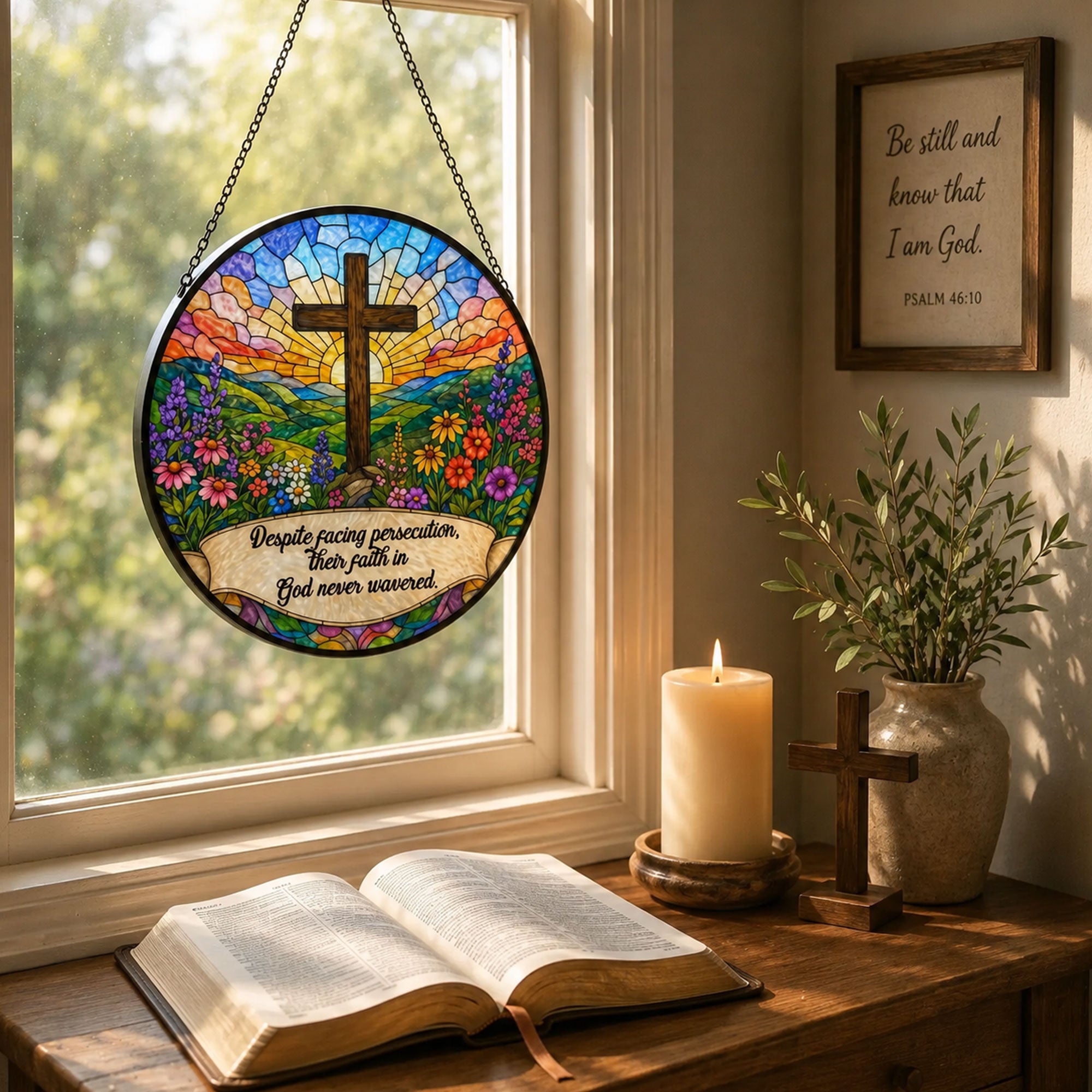 Unwavering Faith Christian Cross Suncatcher, Despite Persecution Inspirational Window Hanging, Religious Gift