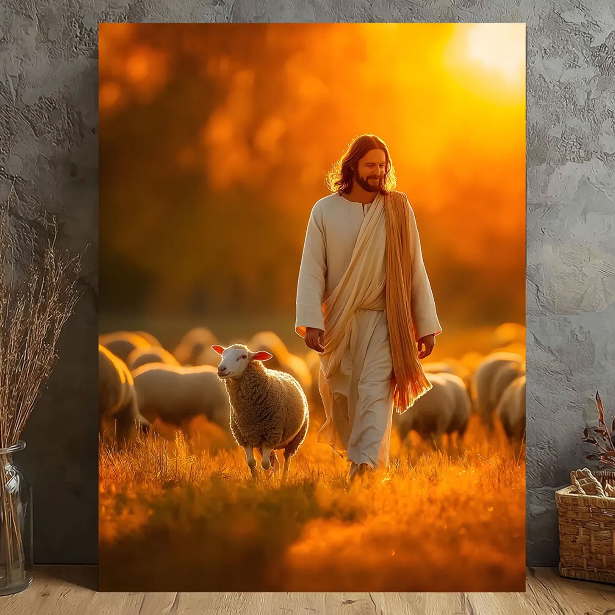 Jesus Good Shepherd Canvas Print, Sunset Christian Wall Art, Faith Inspired Shepherd Artwork, Spiritual Home Decor