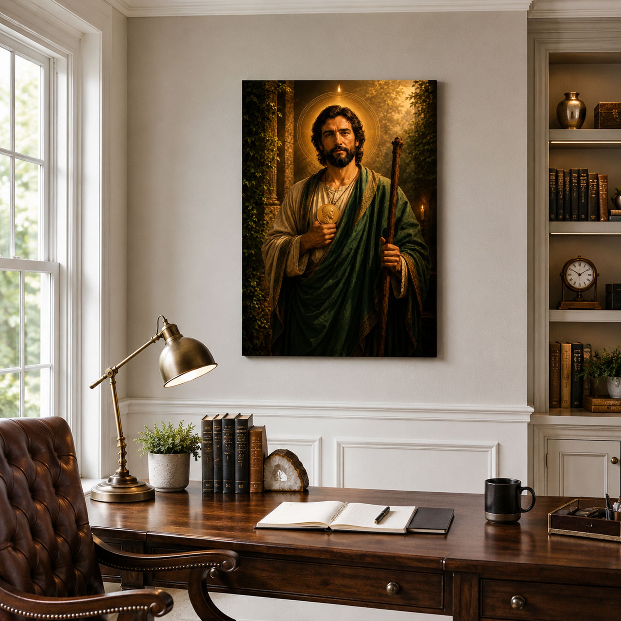 Saint Jude Thaddeus with Medallion Canvas Print, Green Catholic Decor