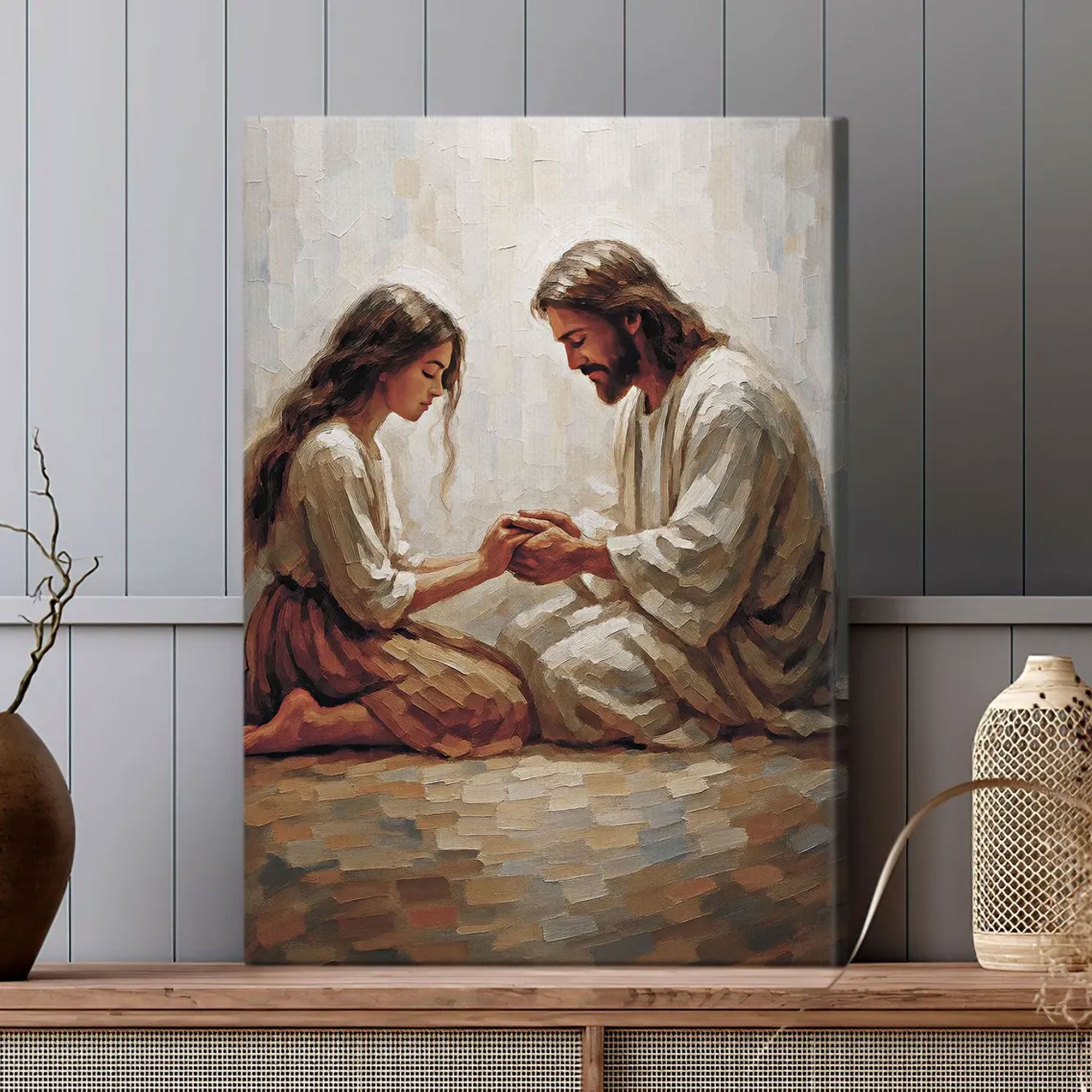 Jesus and Woman Prayer Canvas, Christian Wall Art, Inspirational Faith Based Religious Decor