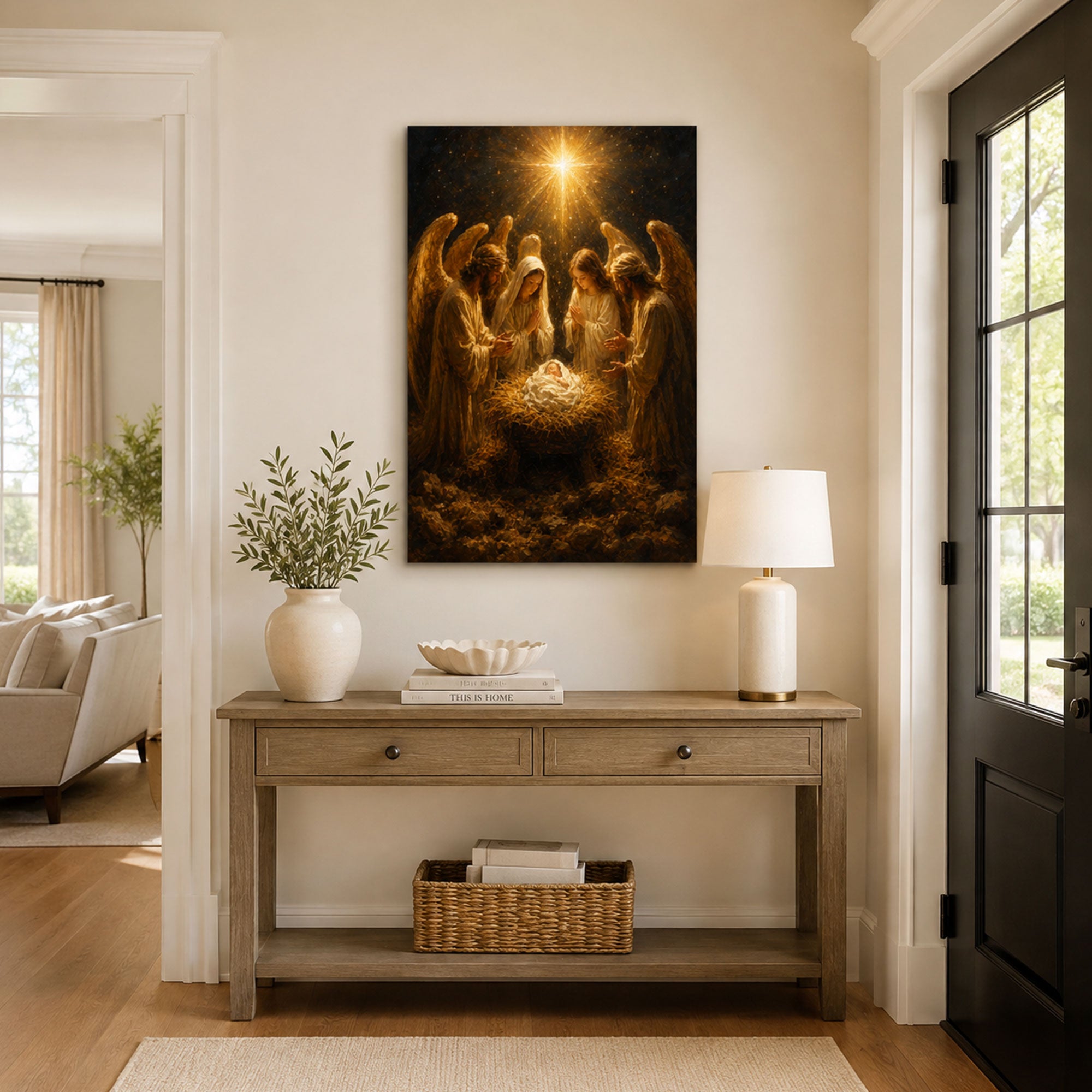 Nativity of Jesus with Angels Canvas Print, Holy Night Christian Wall Decor, Christmas Faith Gift