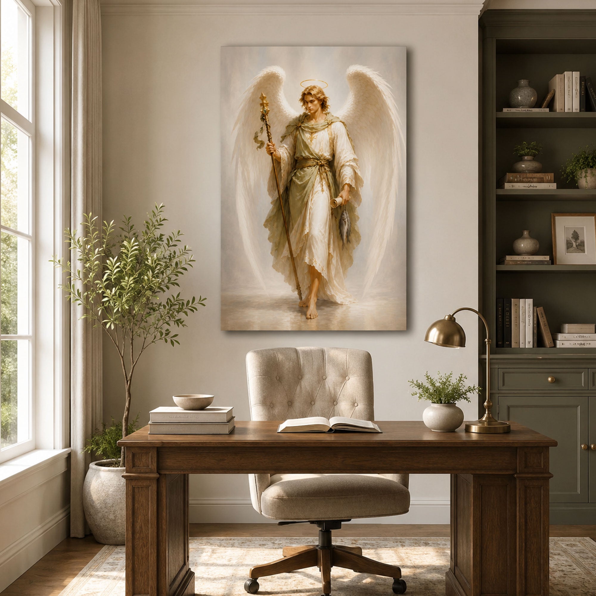 Saint Raphael Archangel Canvas Print, Catholic Healing Angel Wall Art, White and Gold Faith Home Decor Gift