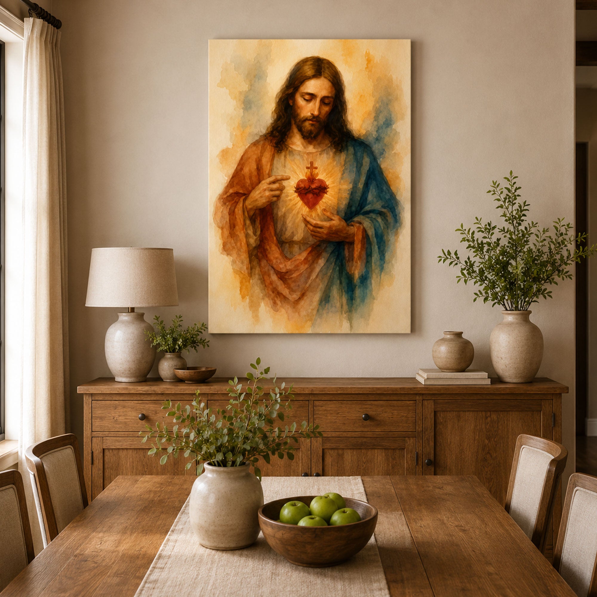 Sacred Heart of Jesus Watercolor Canvas Print, Christian Catholic Wall Art, Devotional Faith Home Decor