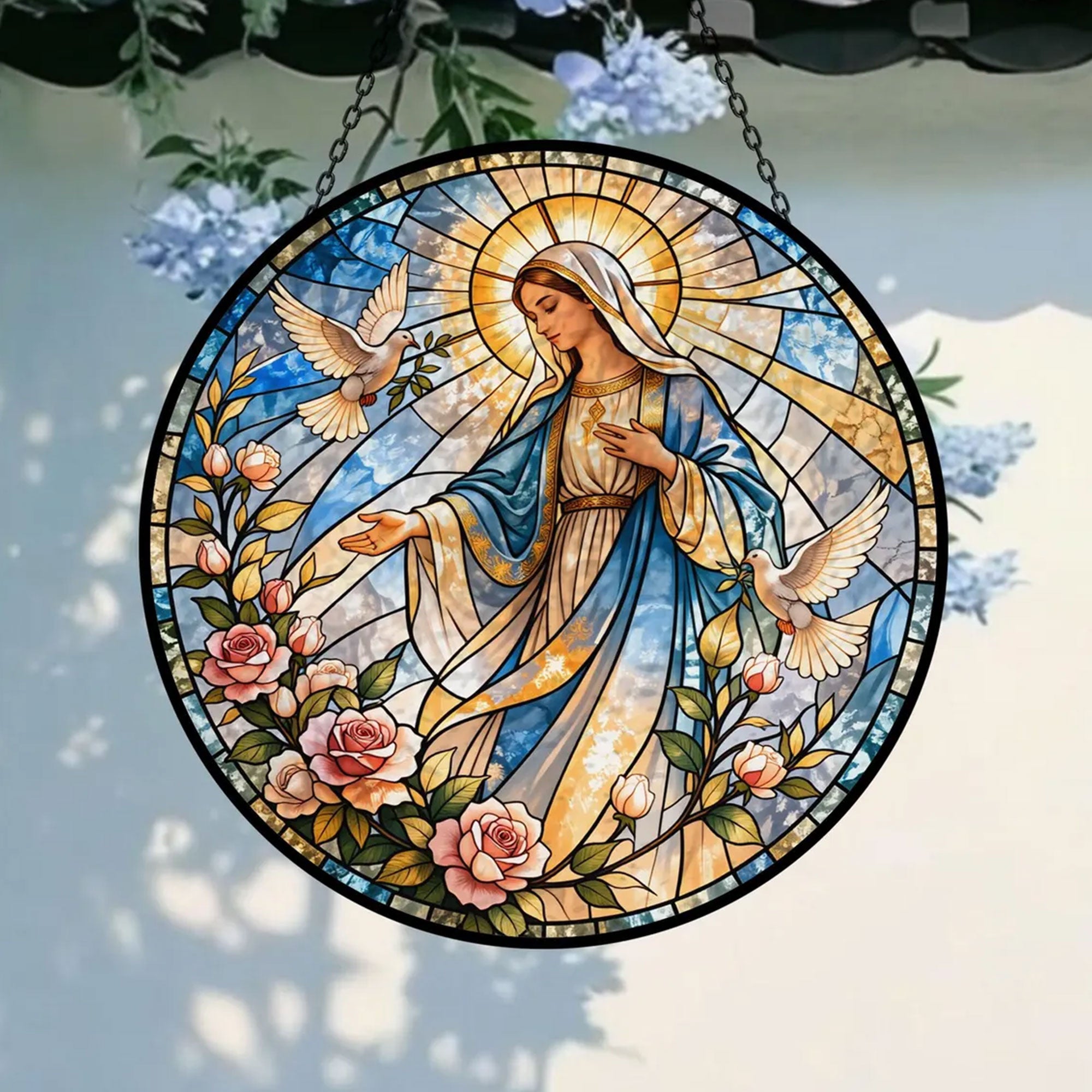Virgin Mary with Doves and Roses Suncatcher, Catholic Window Hanging, Peaceful Christian Gift