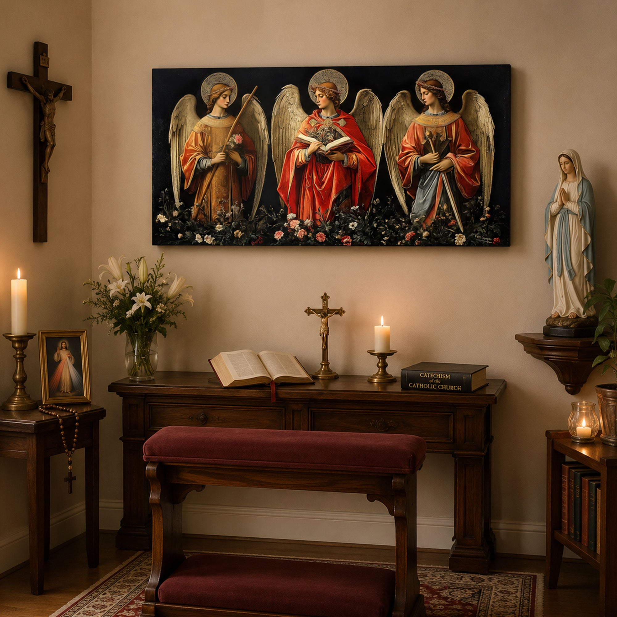 Three Angels Canvas Print, Catholic Angel Wall Art, Faith Home Decor