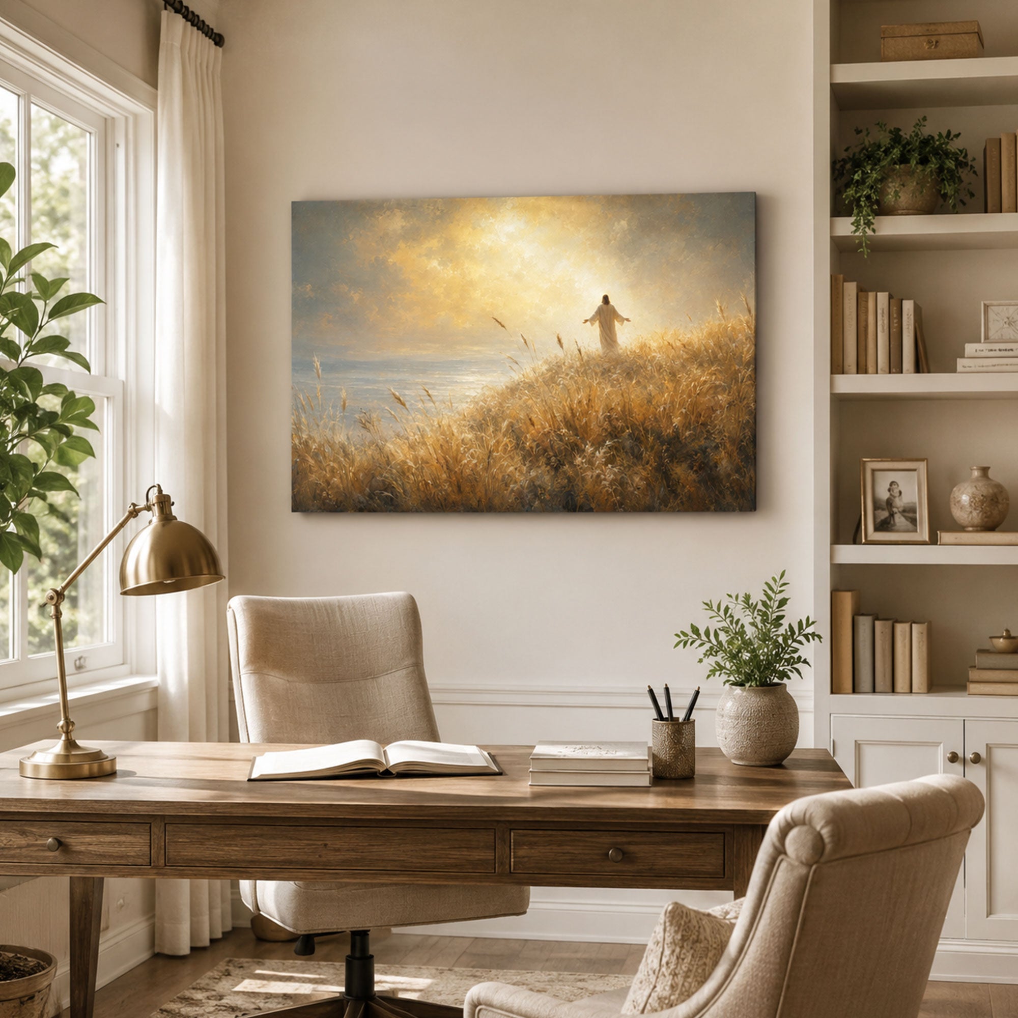 Jesus Walking Through Golden Meadow Canvas Print, Christian Light of Christ Wall Art, Peaceful Faith Home Decor Gift
