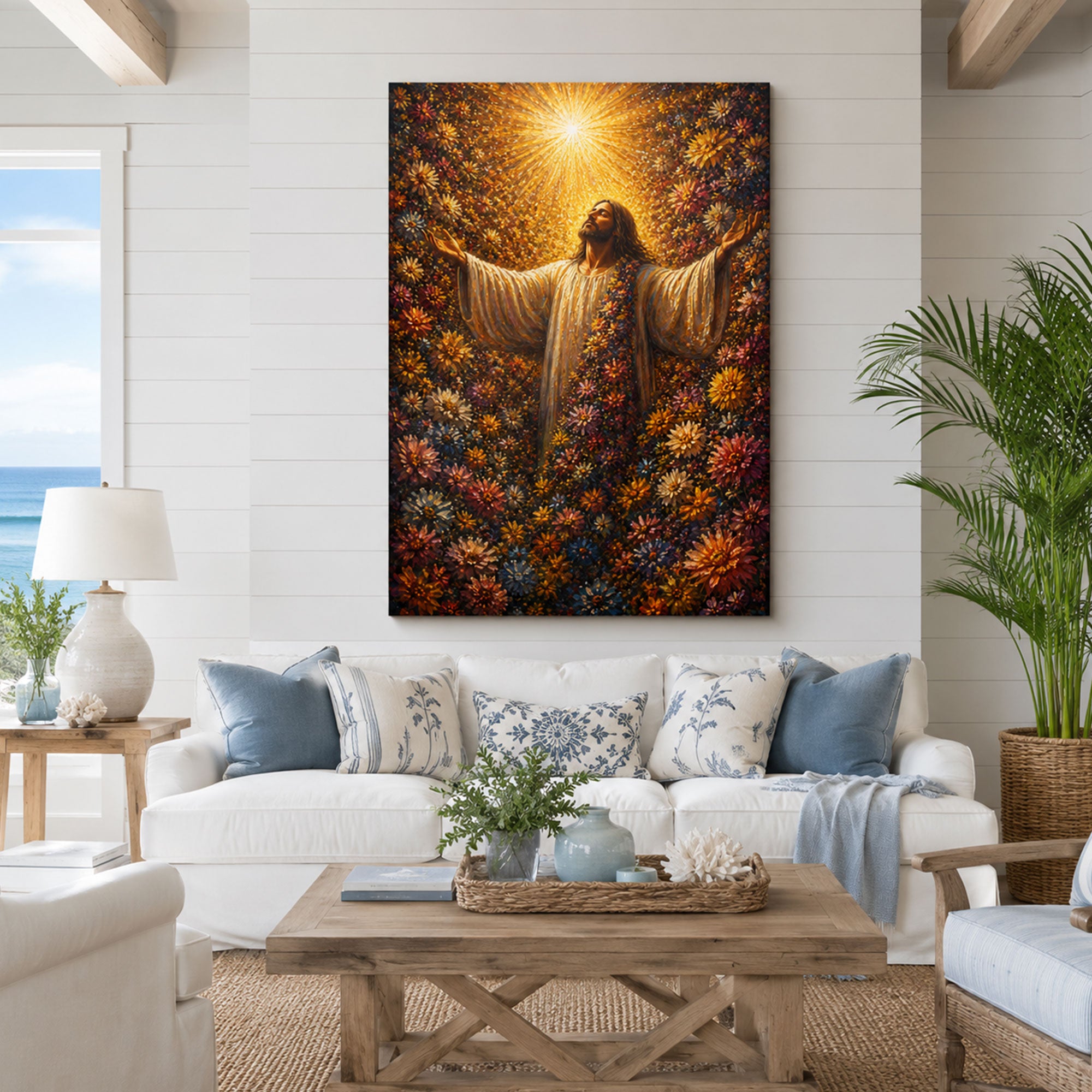 Radiant Light Blessing Canvas Print, Jesus with Open Arms, Spiritual Flower Garden Wall Art