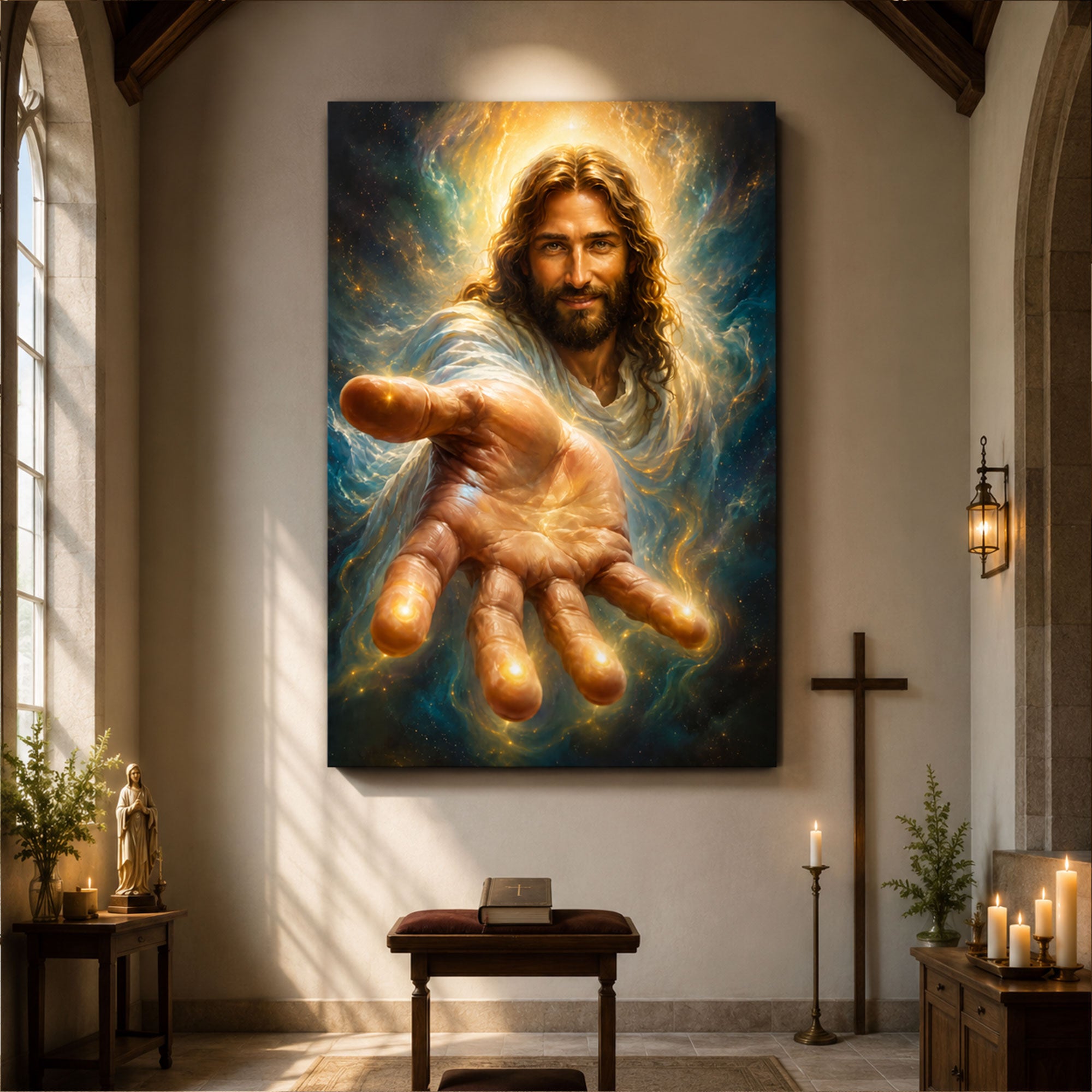 Heavenly Jesus Reaching Hand Canvas Print, Glowing Divine Light Christian Wall Art, Spiritual Galaxy Faith Decor