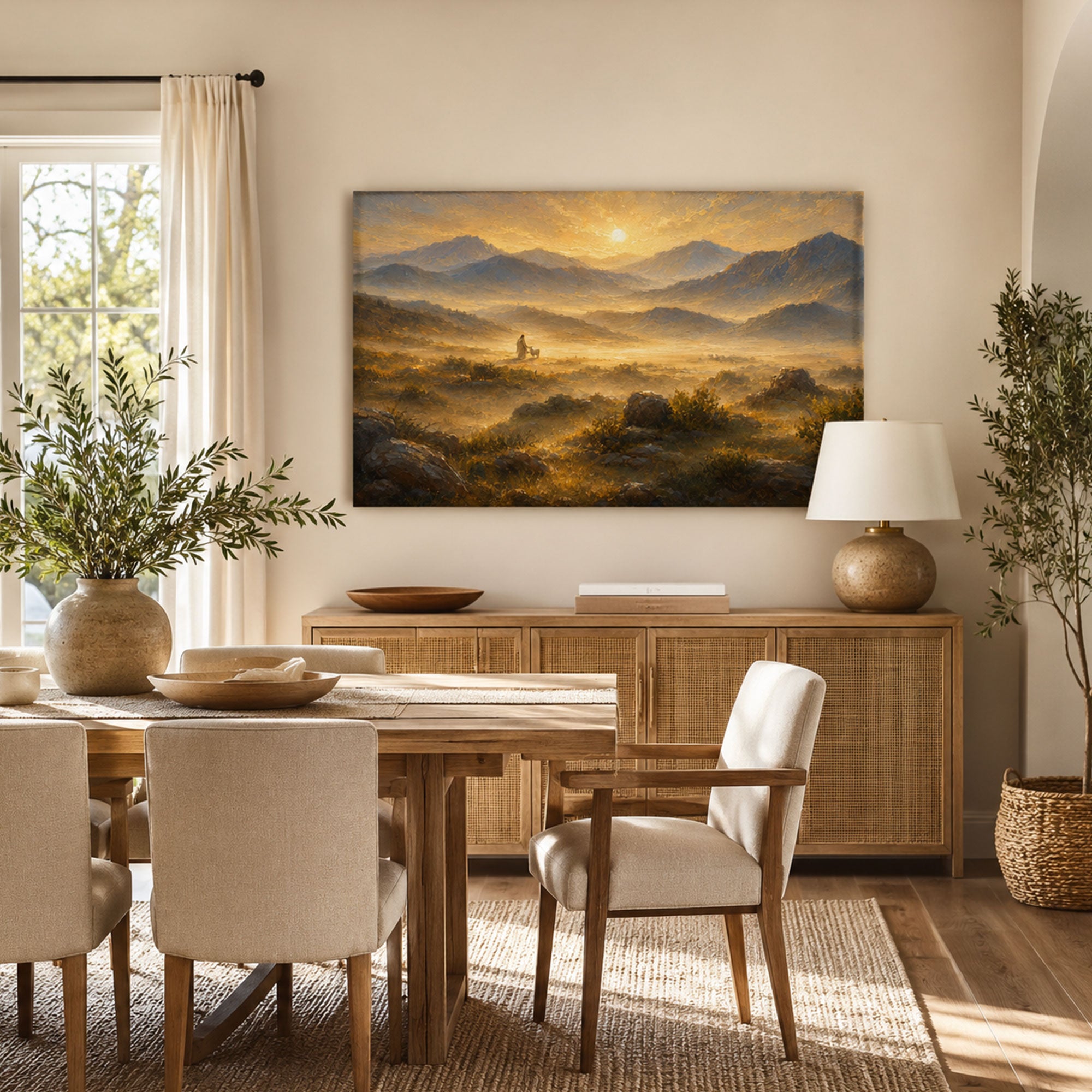 Jesus in Golden Mountain Landscape Canvas Print, Peaceful Christian Home Decor