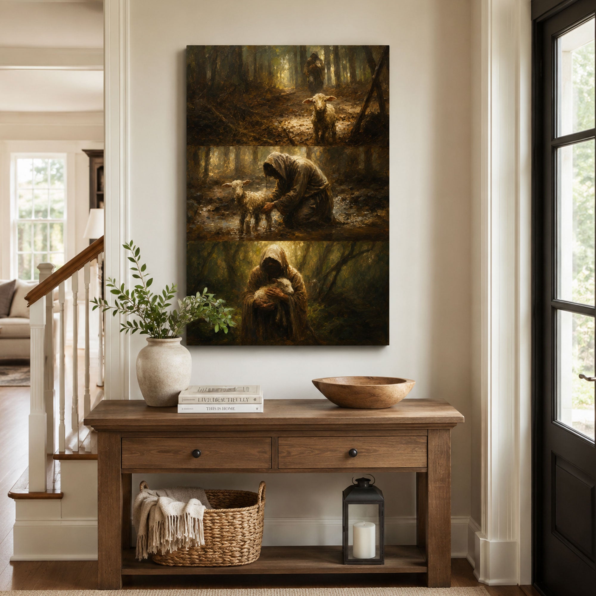 Jesus Rescuing the Lost Sheep Canvas Print, Christian Home Decor