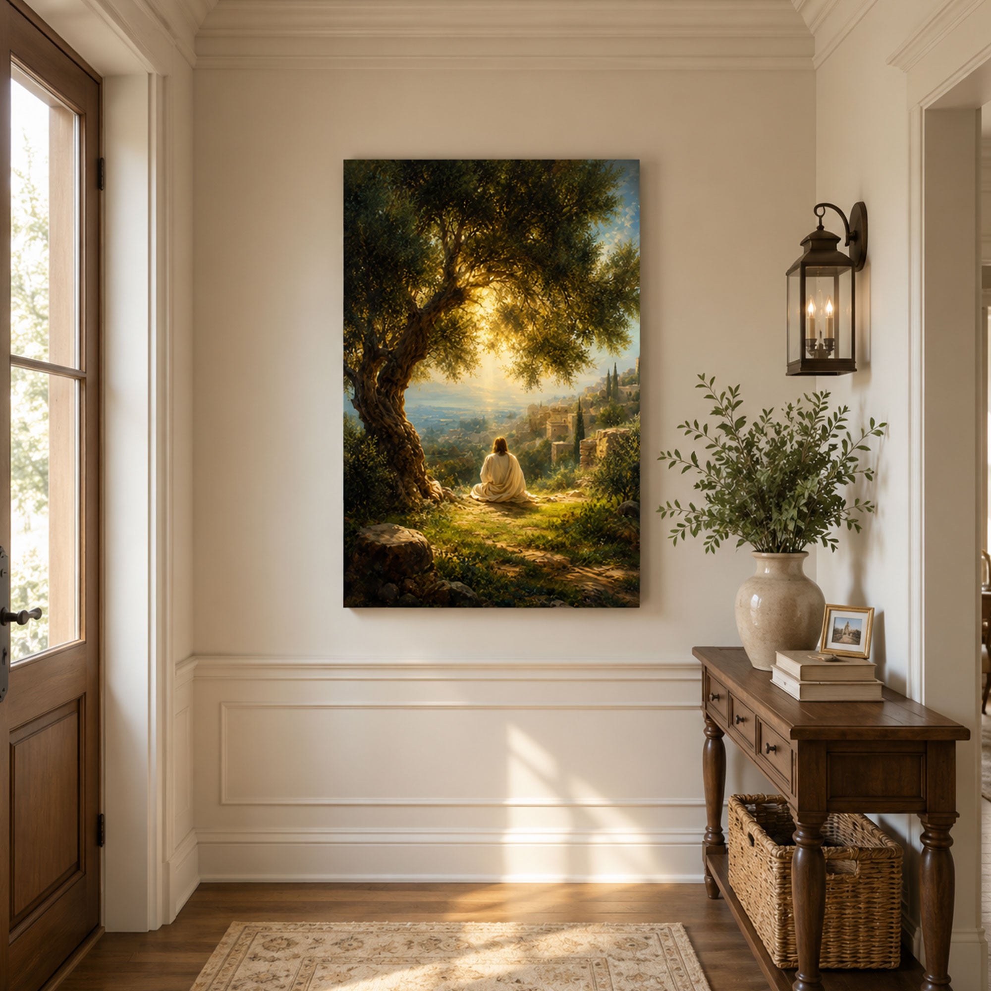 Jesus Under the Olive Tree Canvas Print, Peaceful Christian Wall Art, Golden Light Faith Home Decor Gift