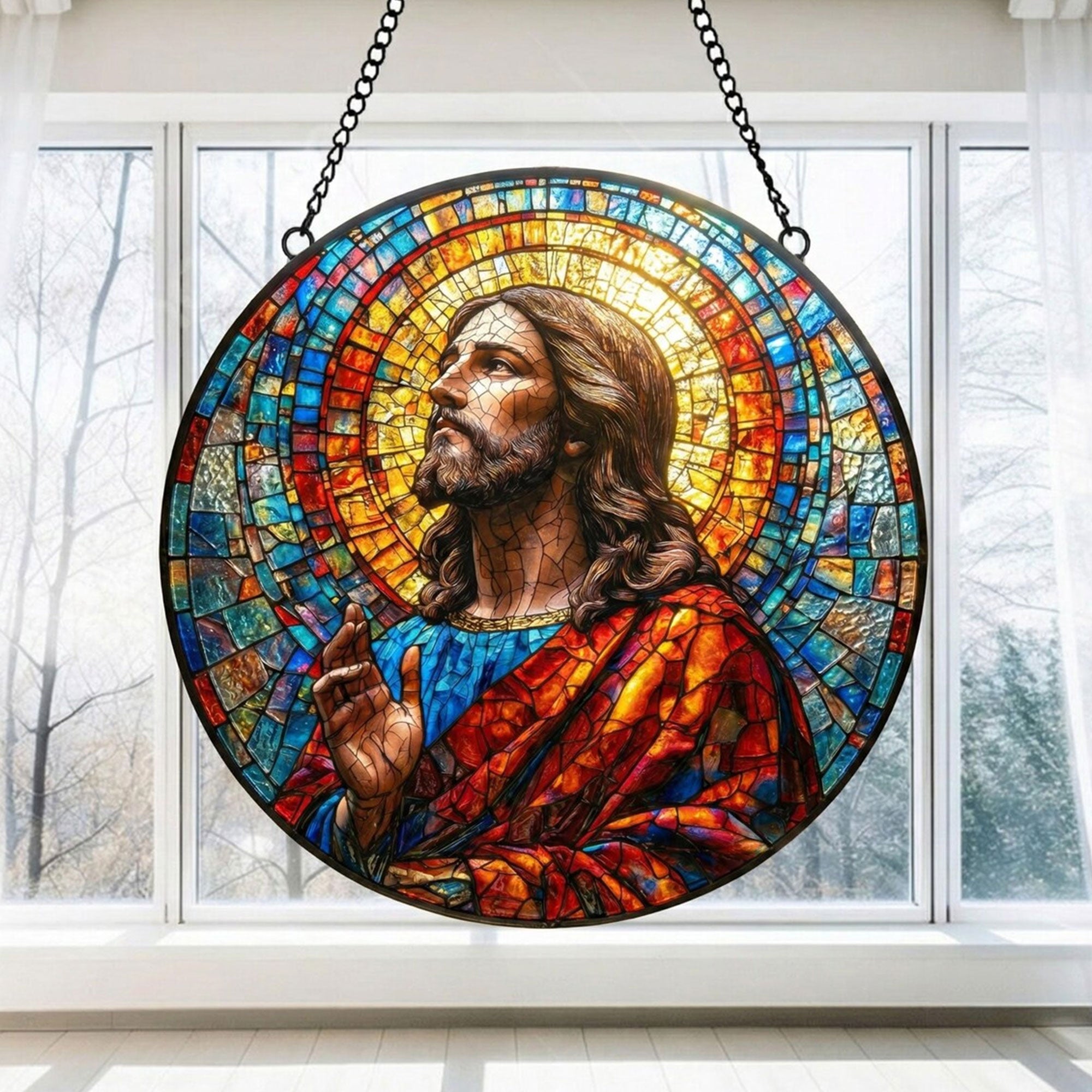 Jesus Christ Stained Glass Suncatcher, Christian Window Hanging Decor, Religious Faith Gift, Spiritual Home Ornament