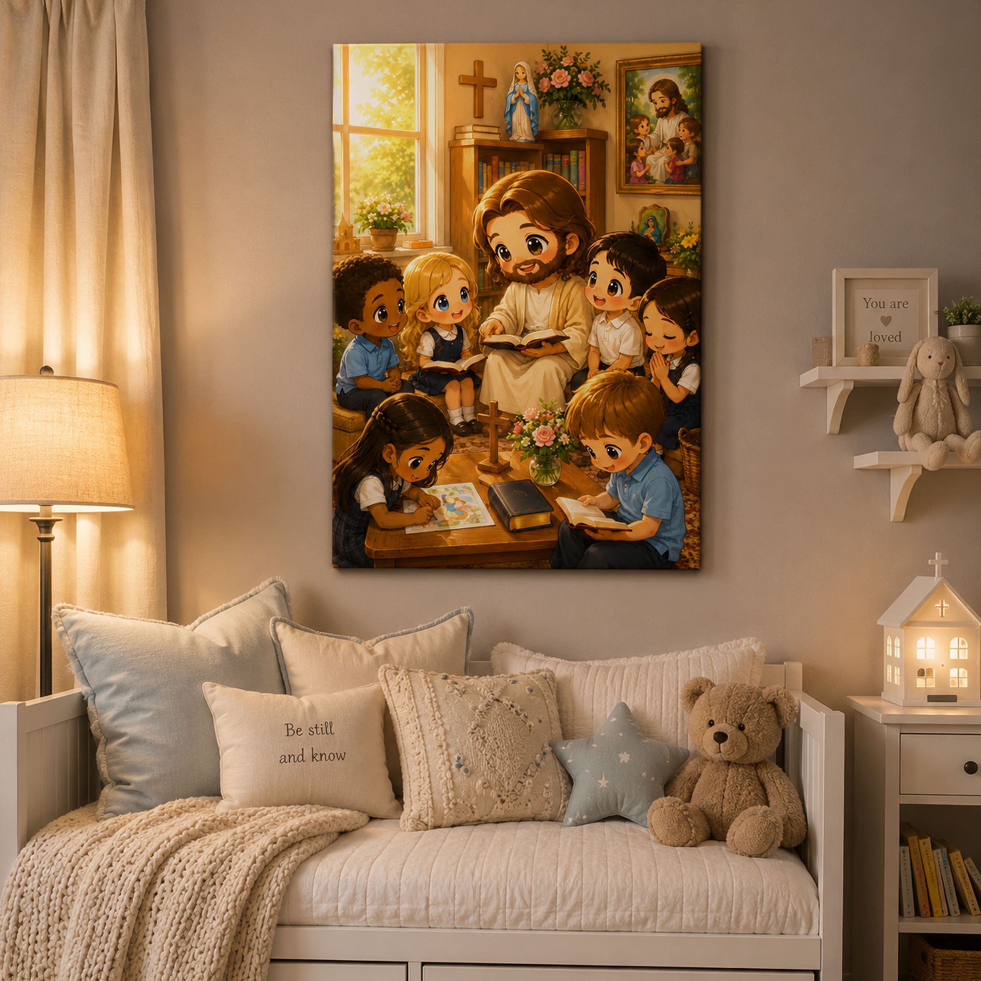 Jesus Teaching Children Canvas Print Cute Chibi Catholic Kids Wall Art Christian Classroom Nursery Decor