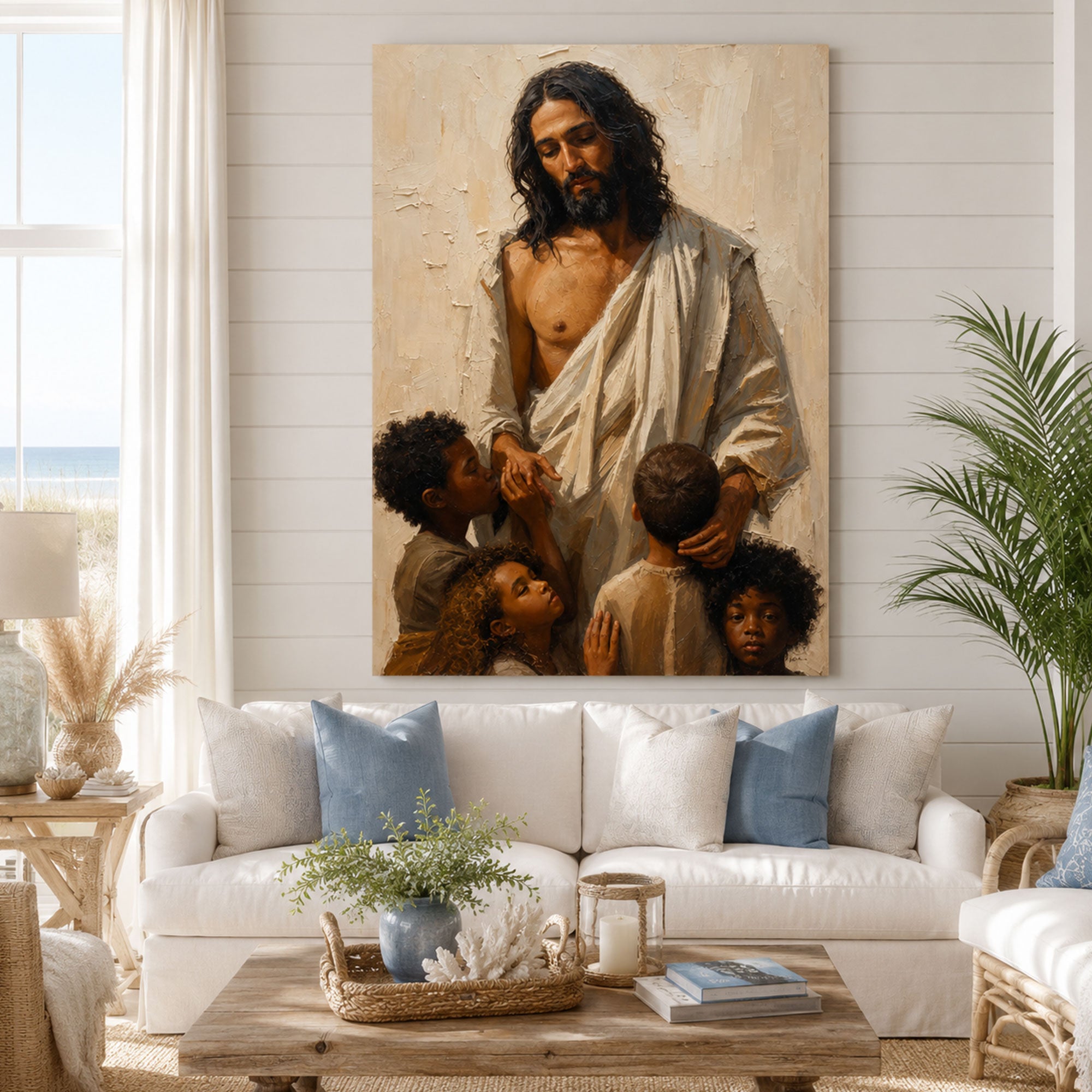 Black Jesus Blessing Children Canvas Print, Christian Family Wall Art, Faith Love Protection Home Decor