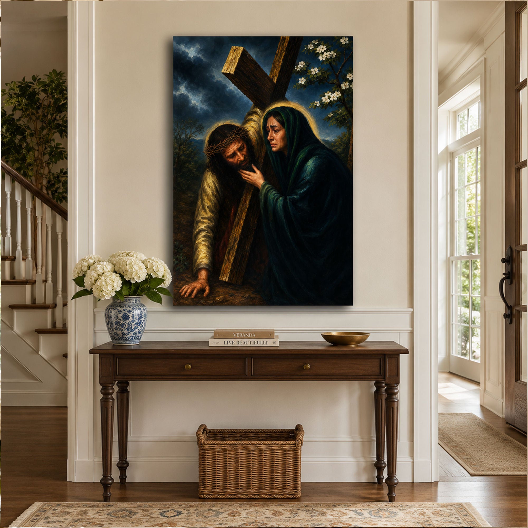 Jesus Meets His Mother Canvas Print, Way of the Cross Catholic Wall Art, Sorrowful Mary Home Decor Gift