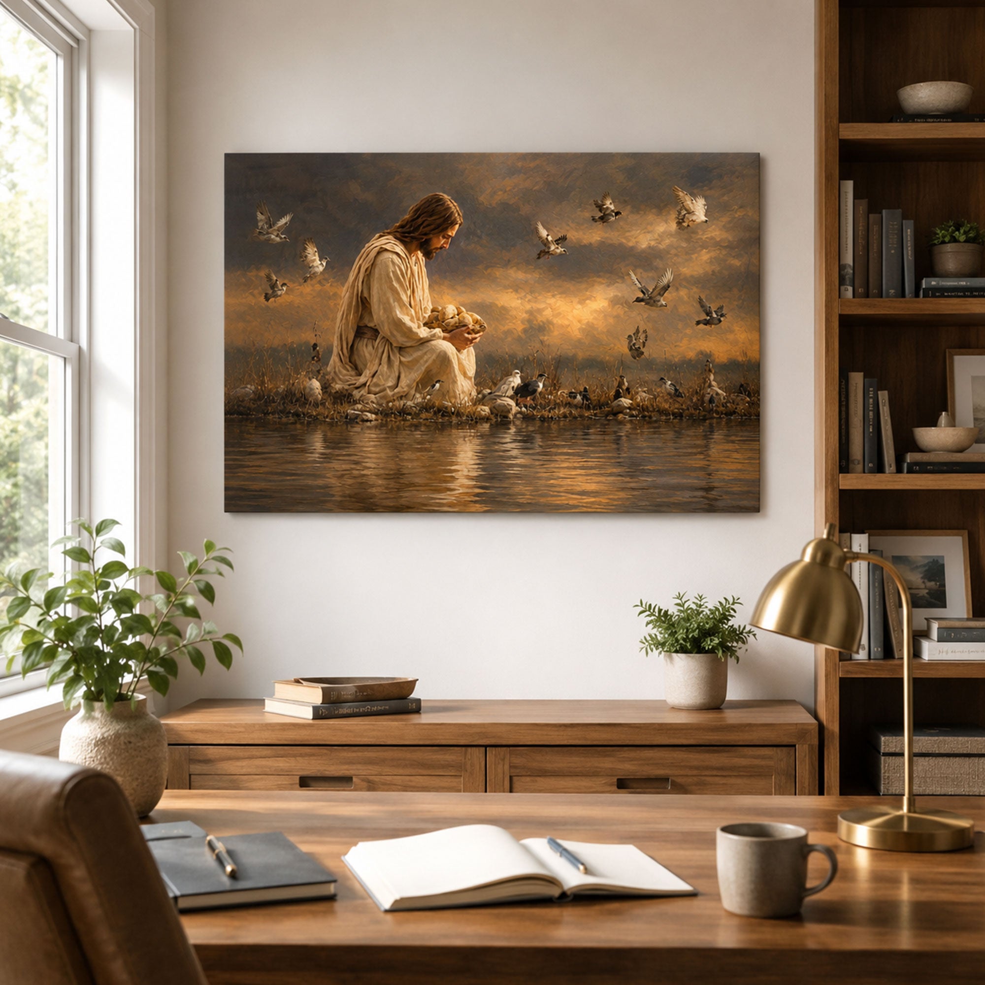 Jesus Caring for the Birds Canvas Print, Peaceful Christian Nature Decor