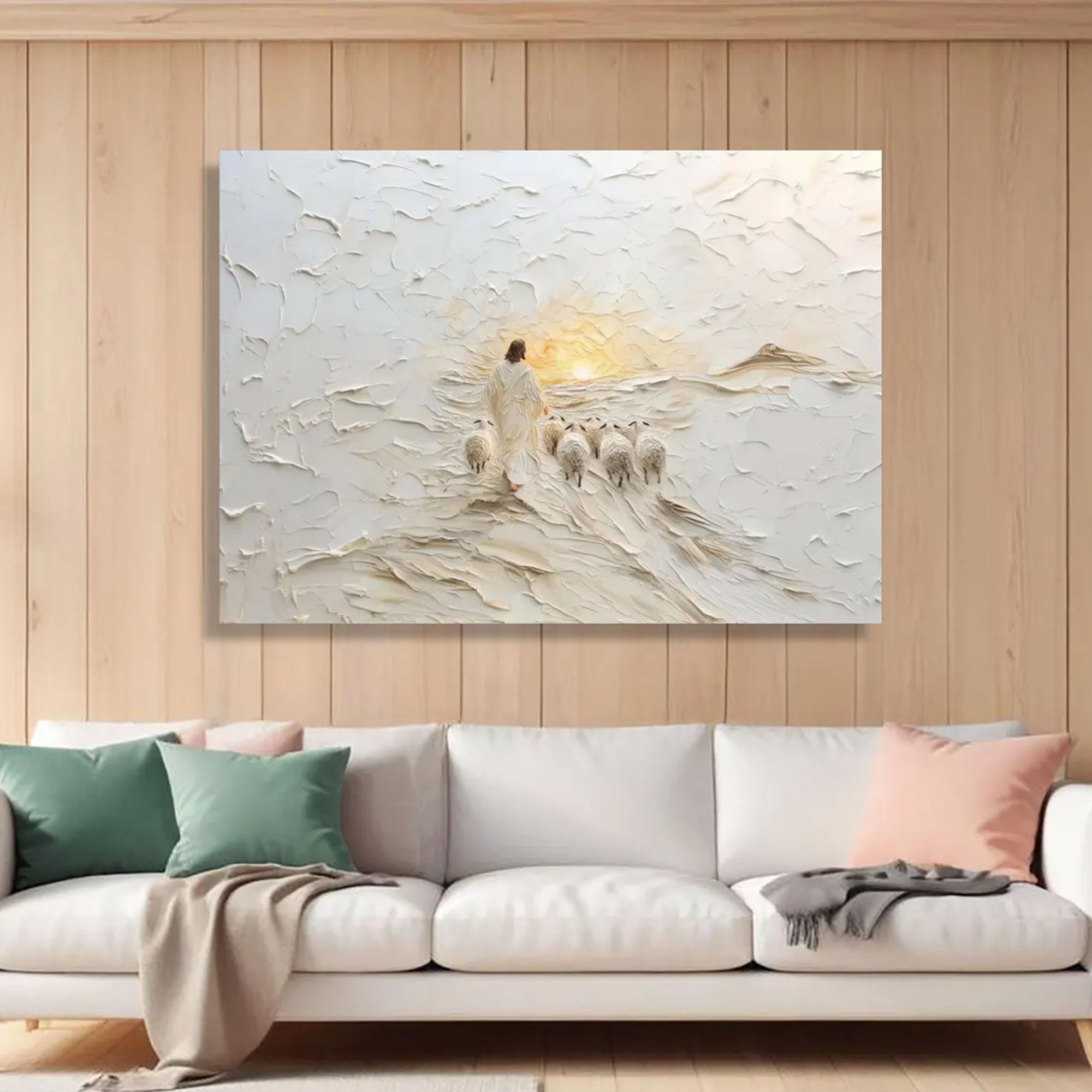 Jesus Shepherd with Sheep Canvas Print, Good Shepherd Wall Art, White Landscape Christian Decor, Modern Religious Home Decoration, Inspirational Faith Gift