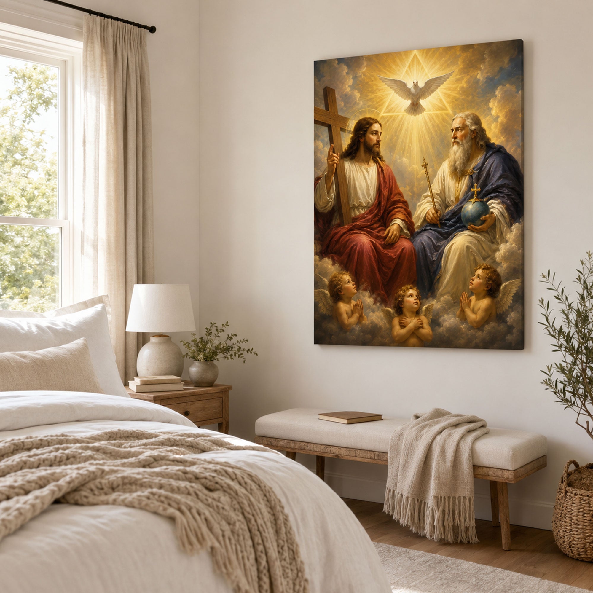 Holy Trinity Catholic Wall Art God the Father Jesus Christ and Holy Spirit Dove Canvas Print Christian Religious Home Decor Sacred Trinity