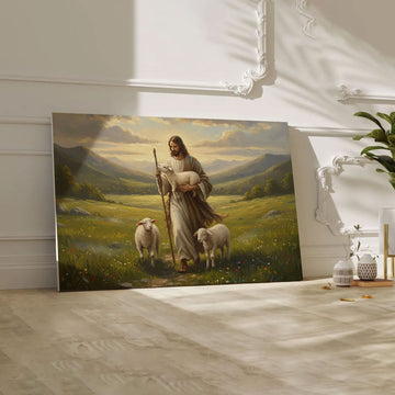 Jesus the Good Shepherd Canvas Print, Christian Faith Wall Art, Lamb of God Pastoral Scene, Spiritual Home Decor, Inspirational Gift