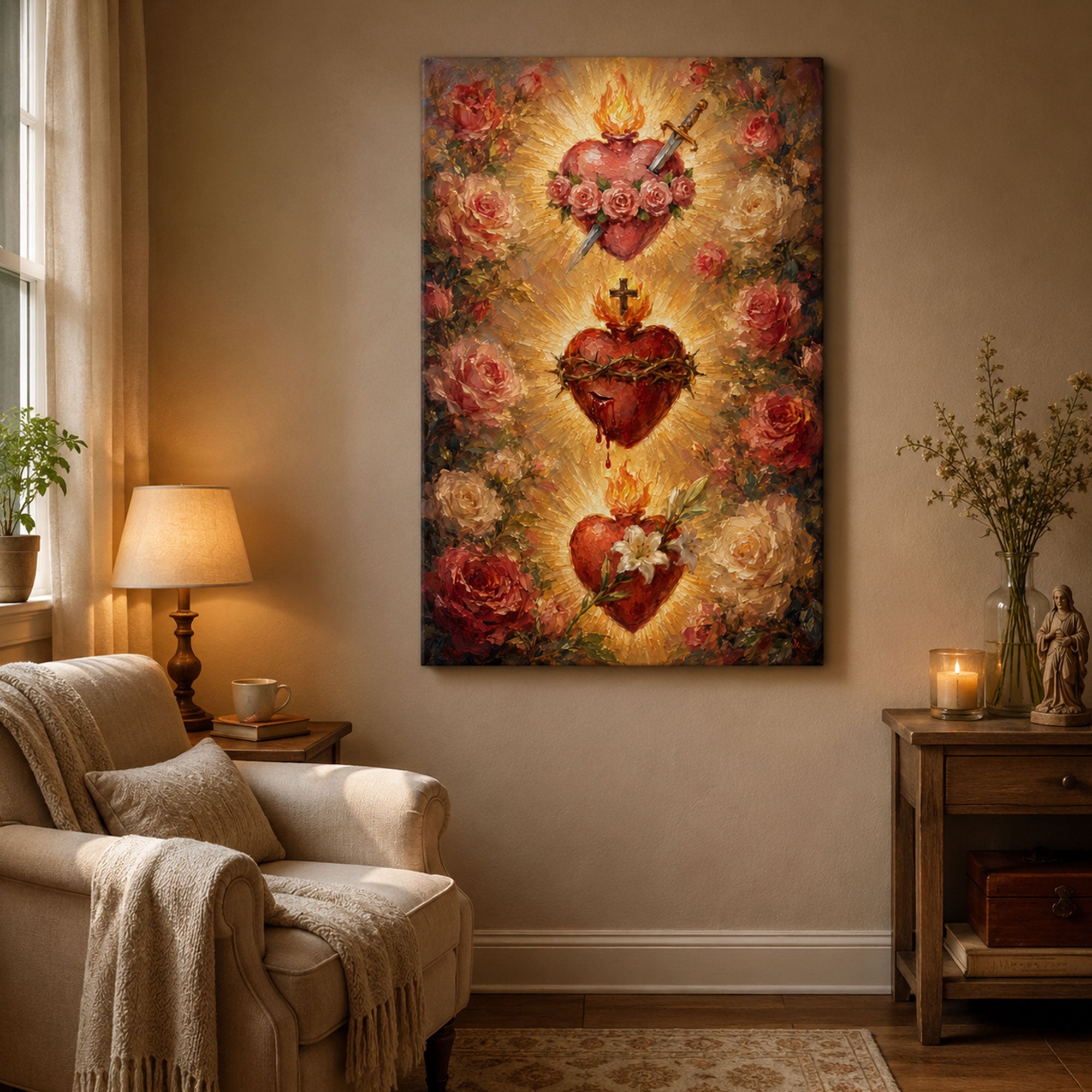 Three Sacred Hearts Canvas Print, Sacred Heart of Jesus Immaculate Heart of Mary and Saint Joseph Catholic Wall Art Religious Home Decor
