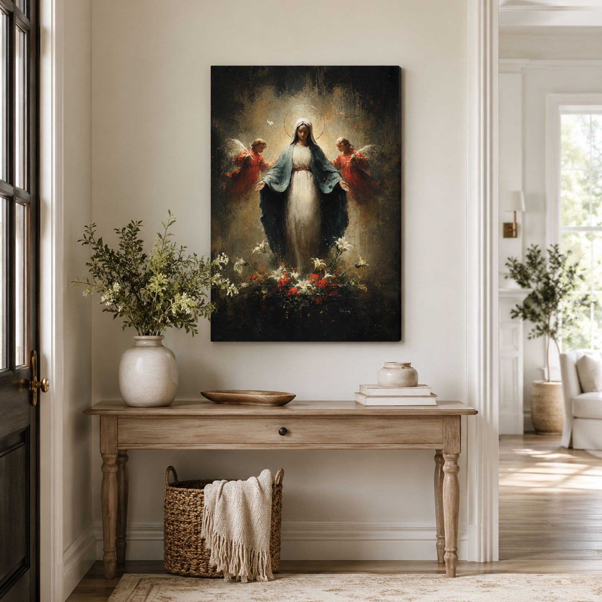 Virgin Mary with Angels Canvas Print, Catholic Home Decor