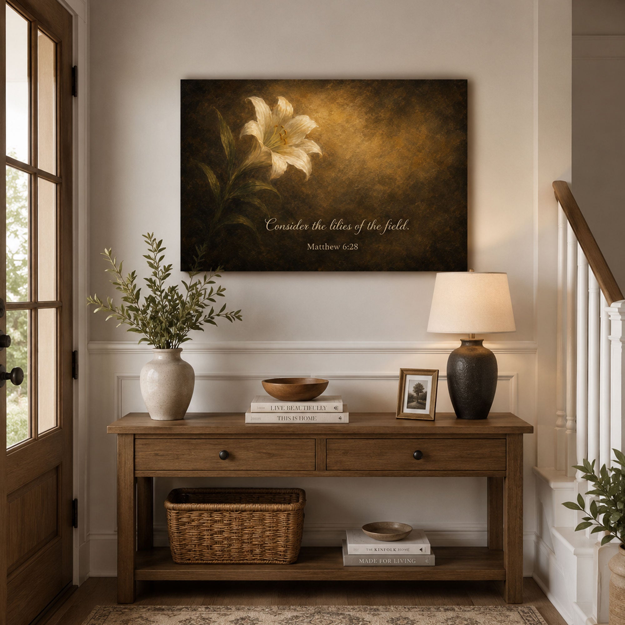 Consider the Lilies Canvas Print, Matthew 6:28 Bible Verse Wall Art, Christian Floral Home Decor Gift