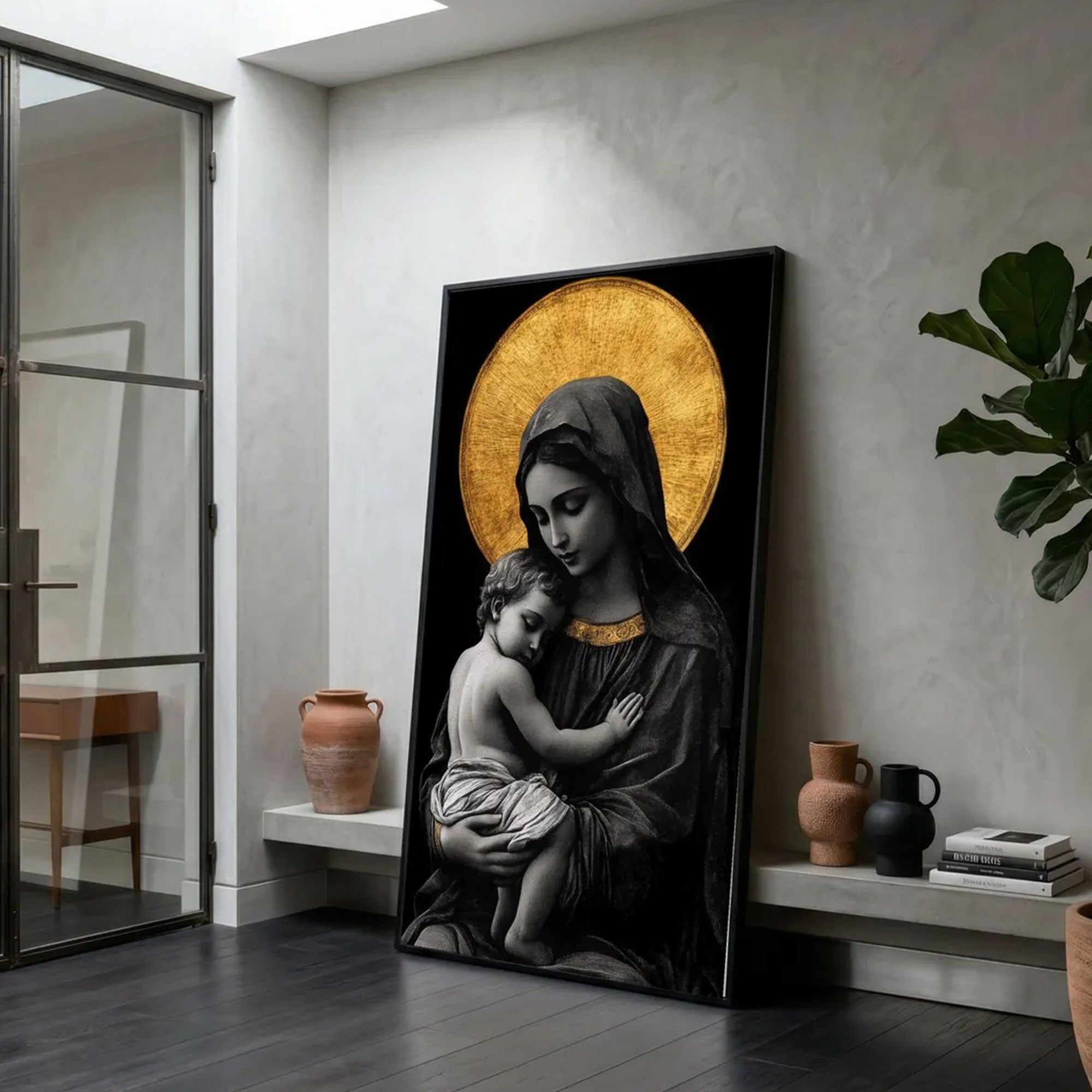 Madonna and Child Black Gold Canvas Wall Art, Virgin Mary Baby Jesus, Catholic Religious Decor