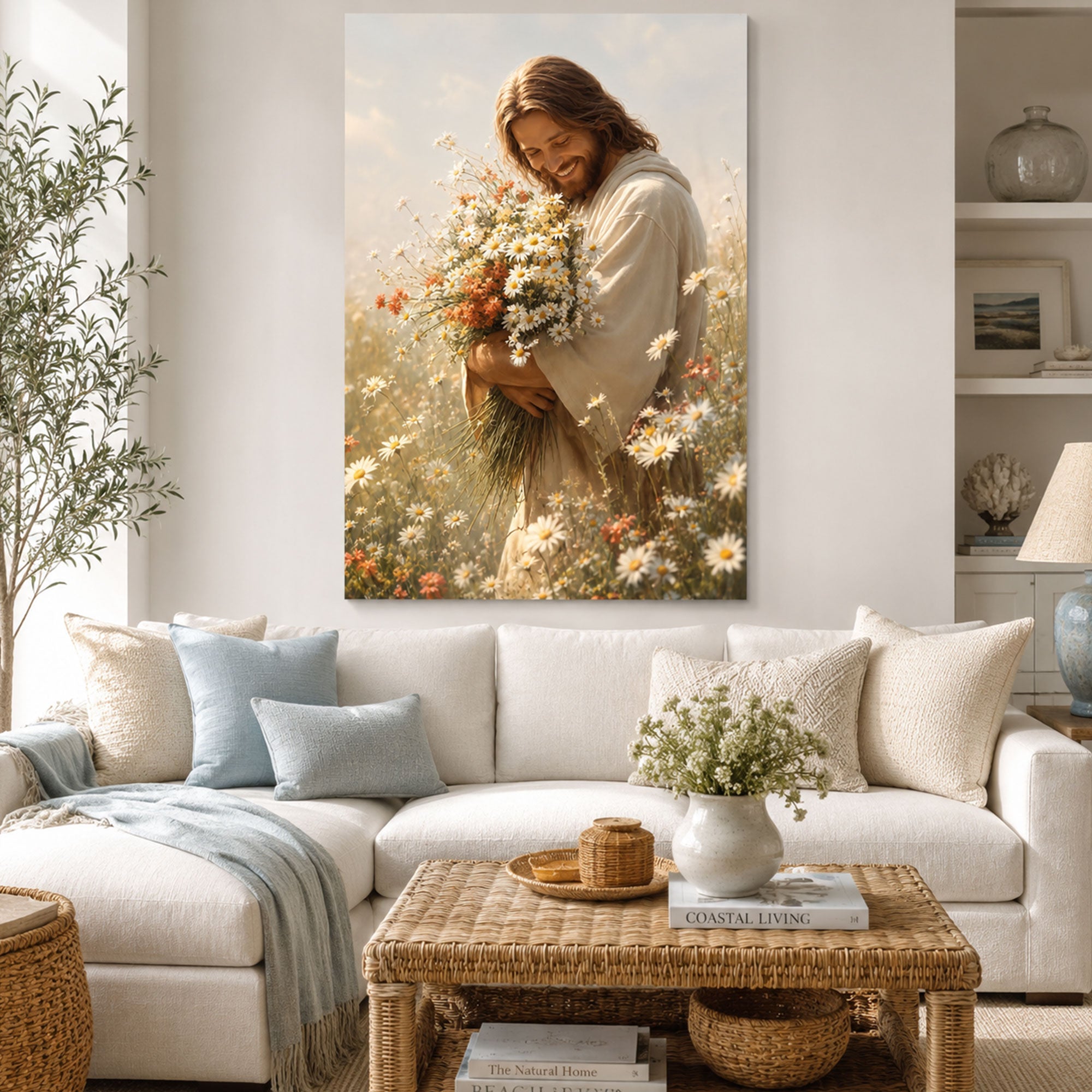 Jesus with Wildflowers Wall Art Printable, Modern Christian Digital Download, Religious Faith Decor