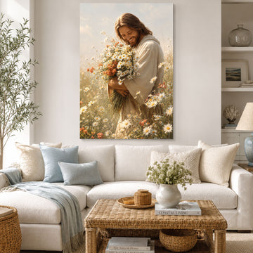 Jesus with Wildflowers Wall Art Printable, Modern Christian Digital Download, Religious Faith Decor