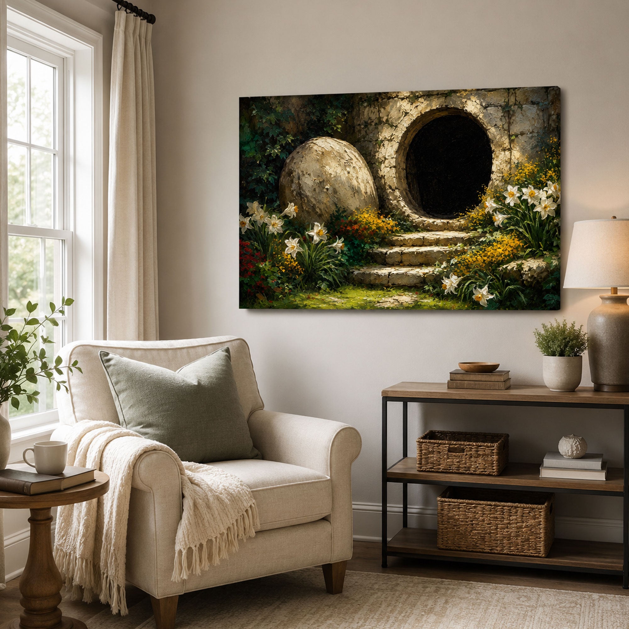 Empty Tomb at Easter Dawn Canvas Print, Resurrection Christian Decor